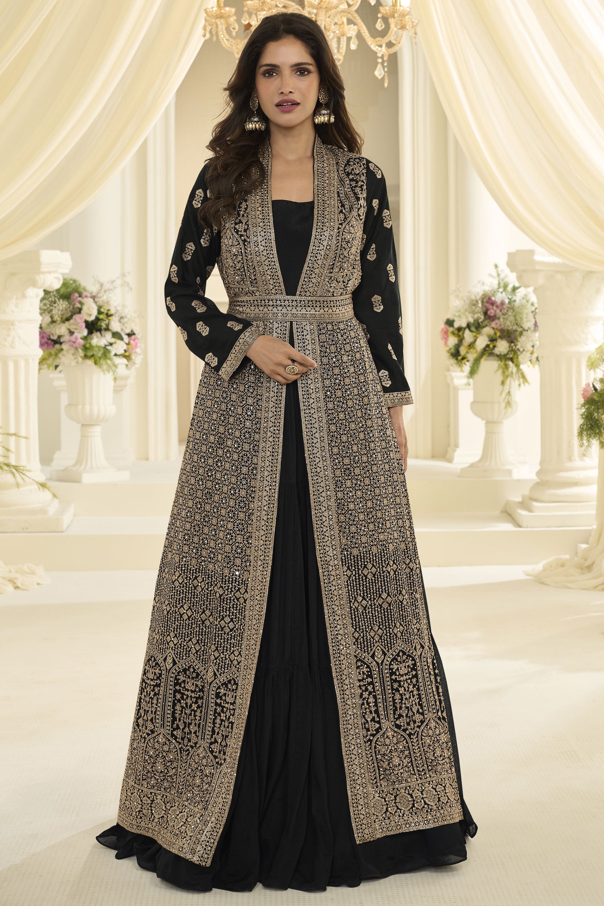 Black Readymade Chinon Silk Gown with Jacket-SS1018_1_SareeButa.com