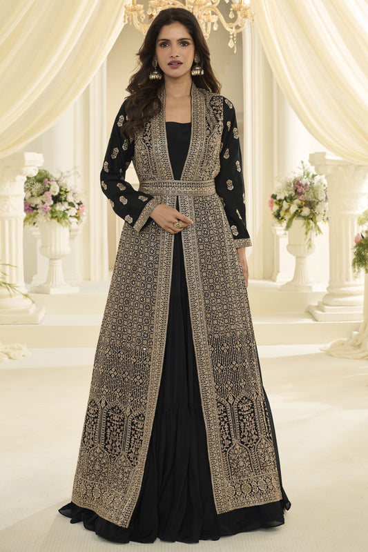 Black Readymade Chinon Silk Gown with Jacket-SS1018_1_SareeButa.com