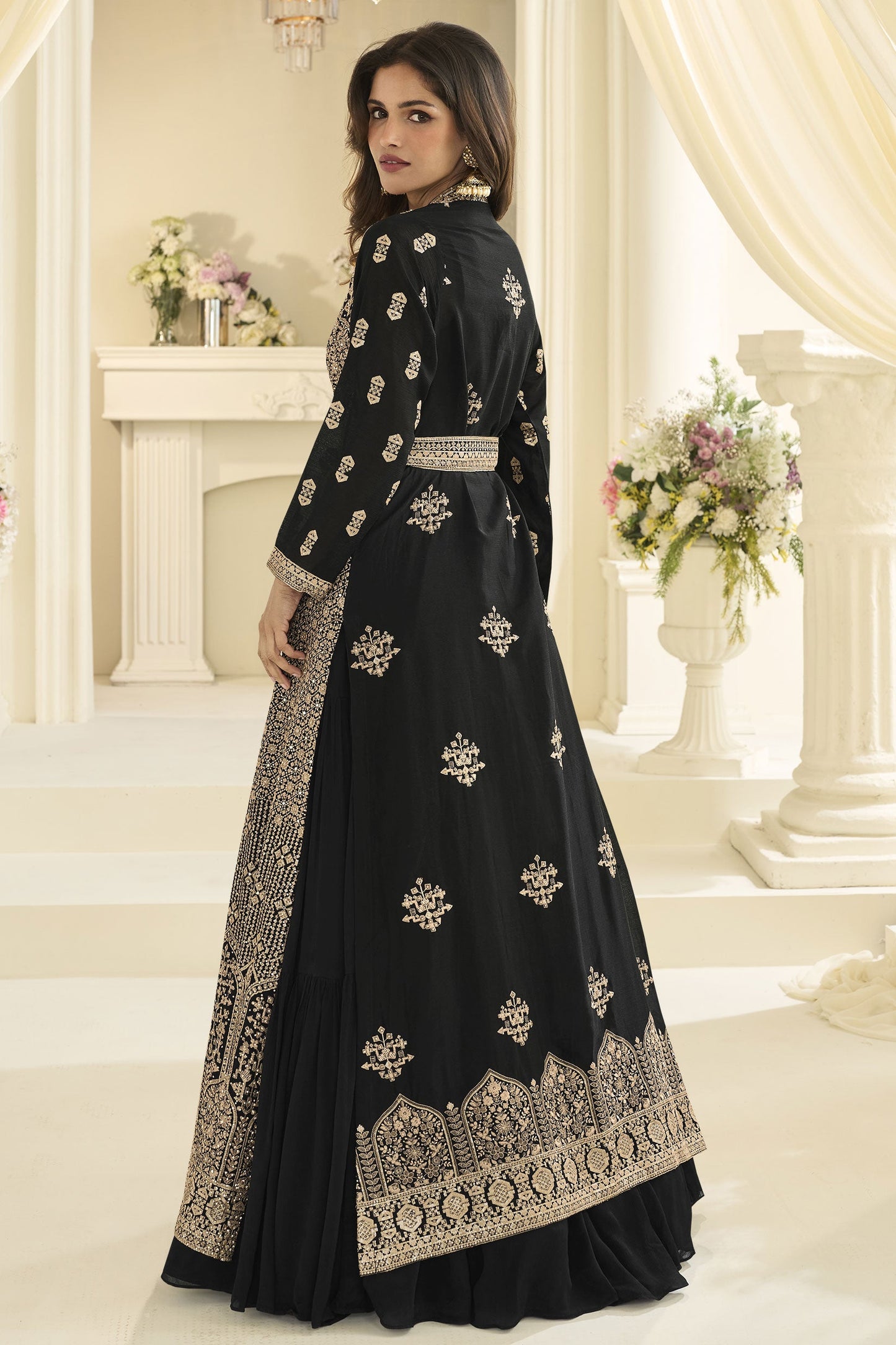 Black Readymade Chinon Silk Gown with Jacket-SS1018_3_SareeButa.com