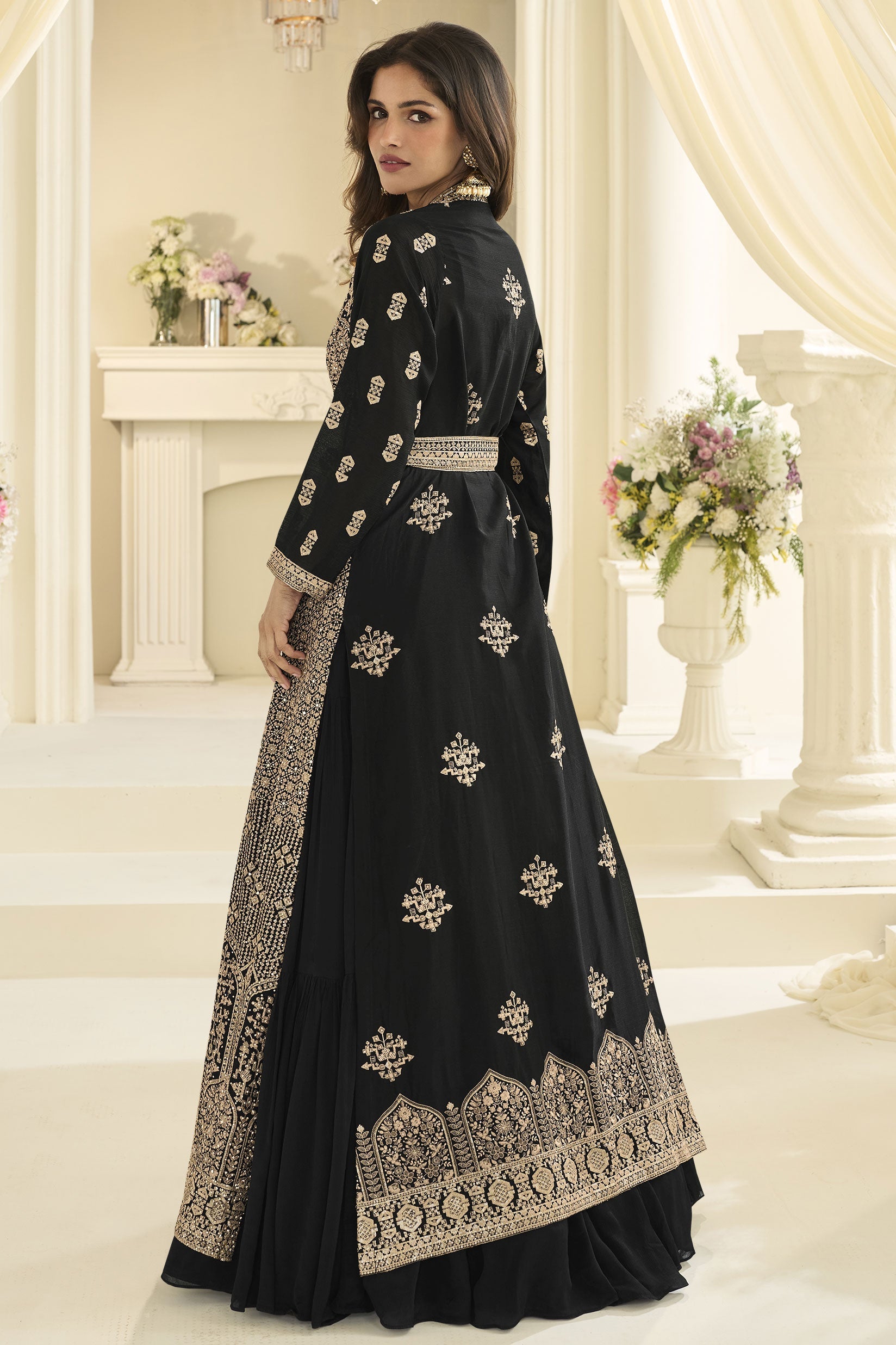 Black Readymade Chinon Silk Gown with Jacket-SS1018_3_SareeButa.com