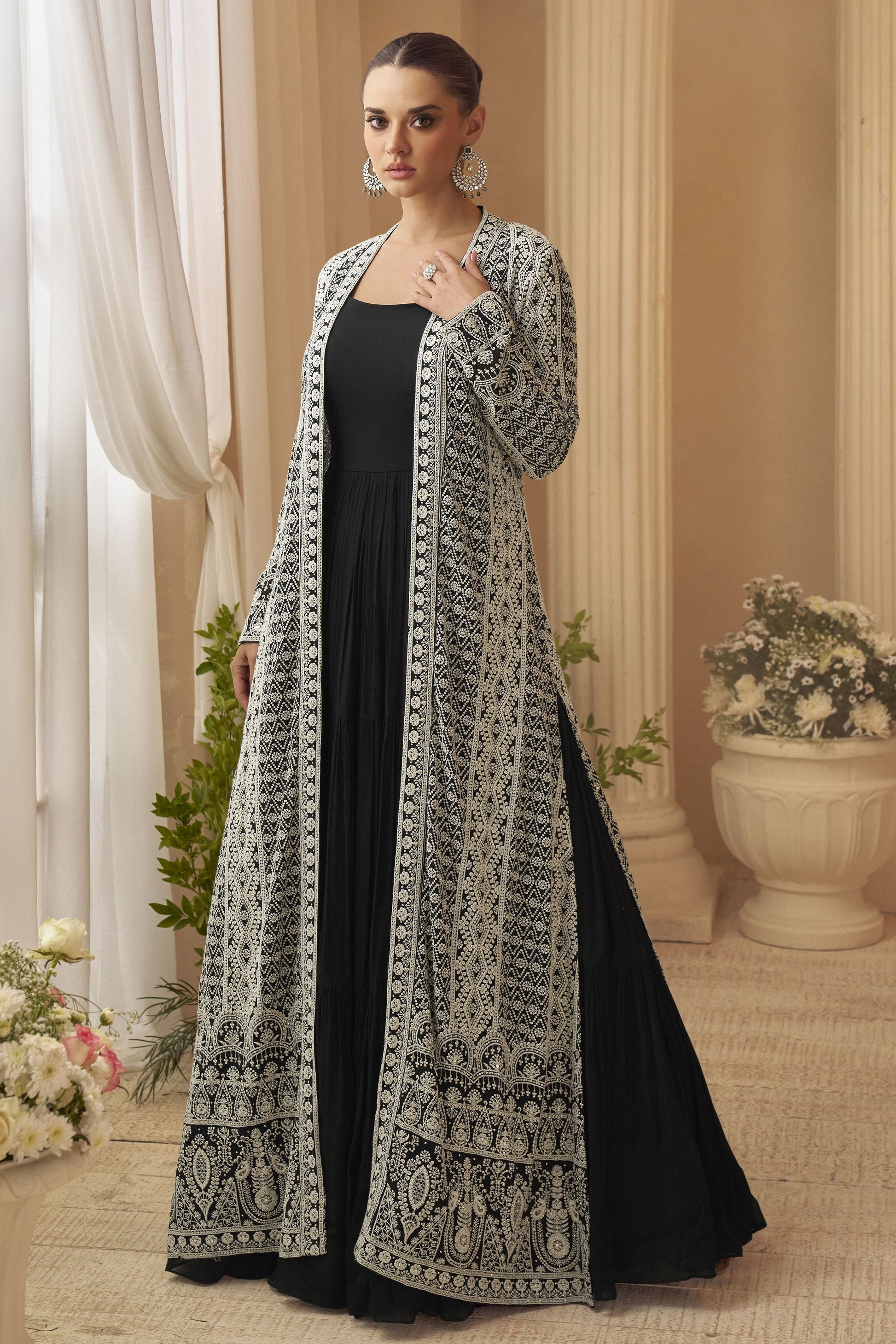 Black Readymade Chinon Silk Gown with Jacket-SS873_1_SareeButa.com