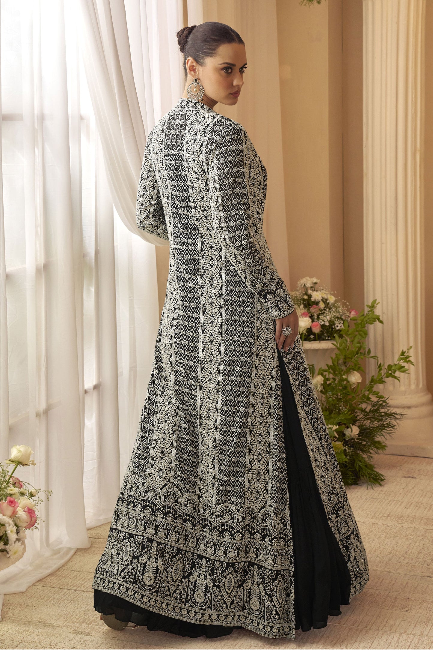 Black Readymade Chinon Silk Gown with Jacket-SS873_3_SareeButa.com