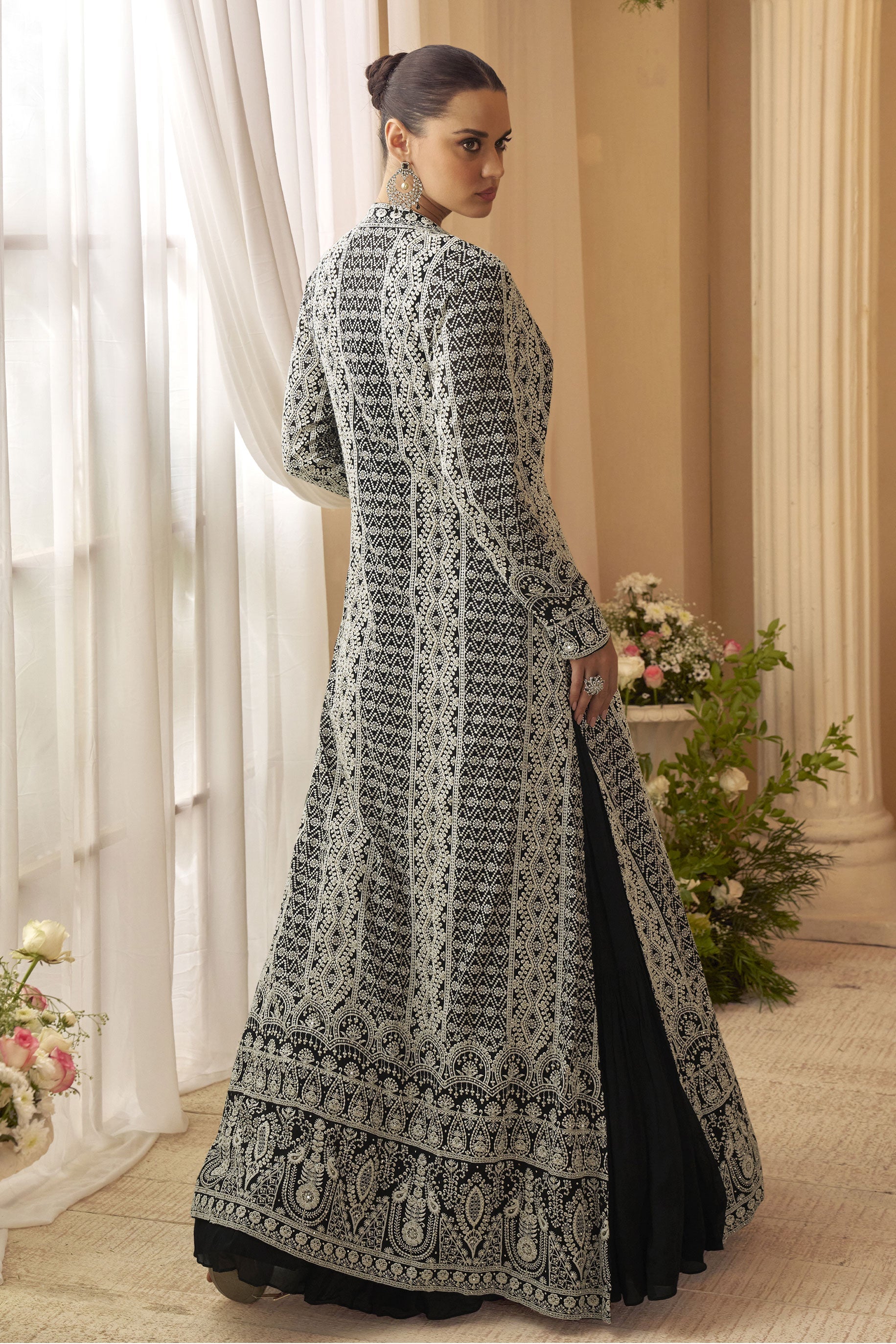 Black Readymade Chinon Silk Gown with Jacket-SS873_3_SareeButa.com