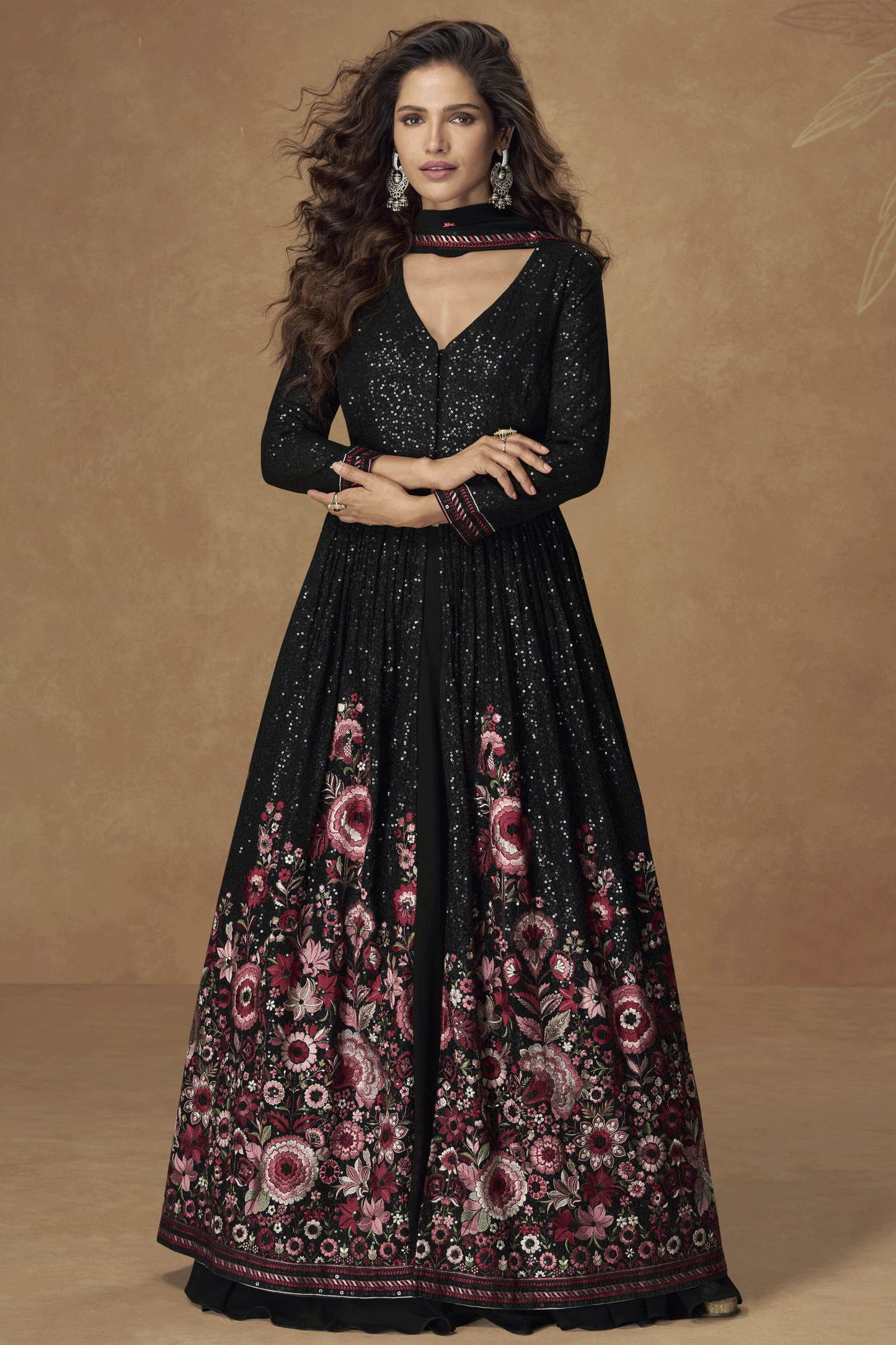 Black Readymade Full Sequin Georgette Skirt Suit-SS859_1_SareeButa.com