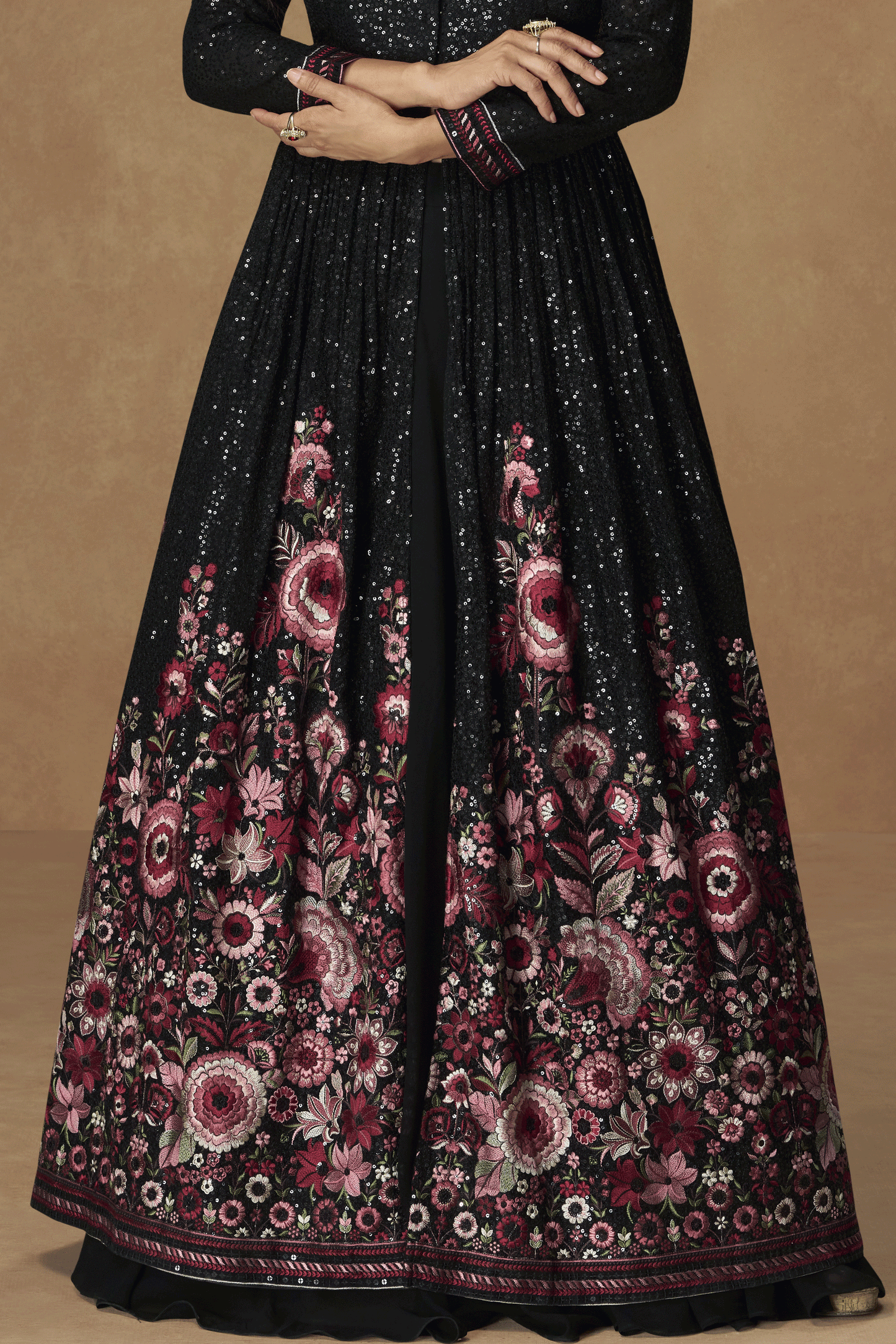 Black Readymade Full Sequin Georgette Skirt Suit-SS859_3_SareeButa.com