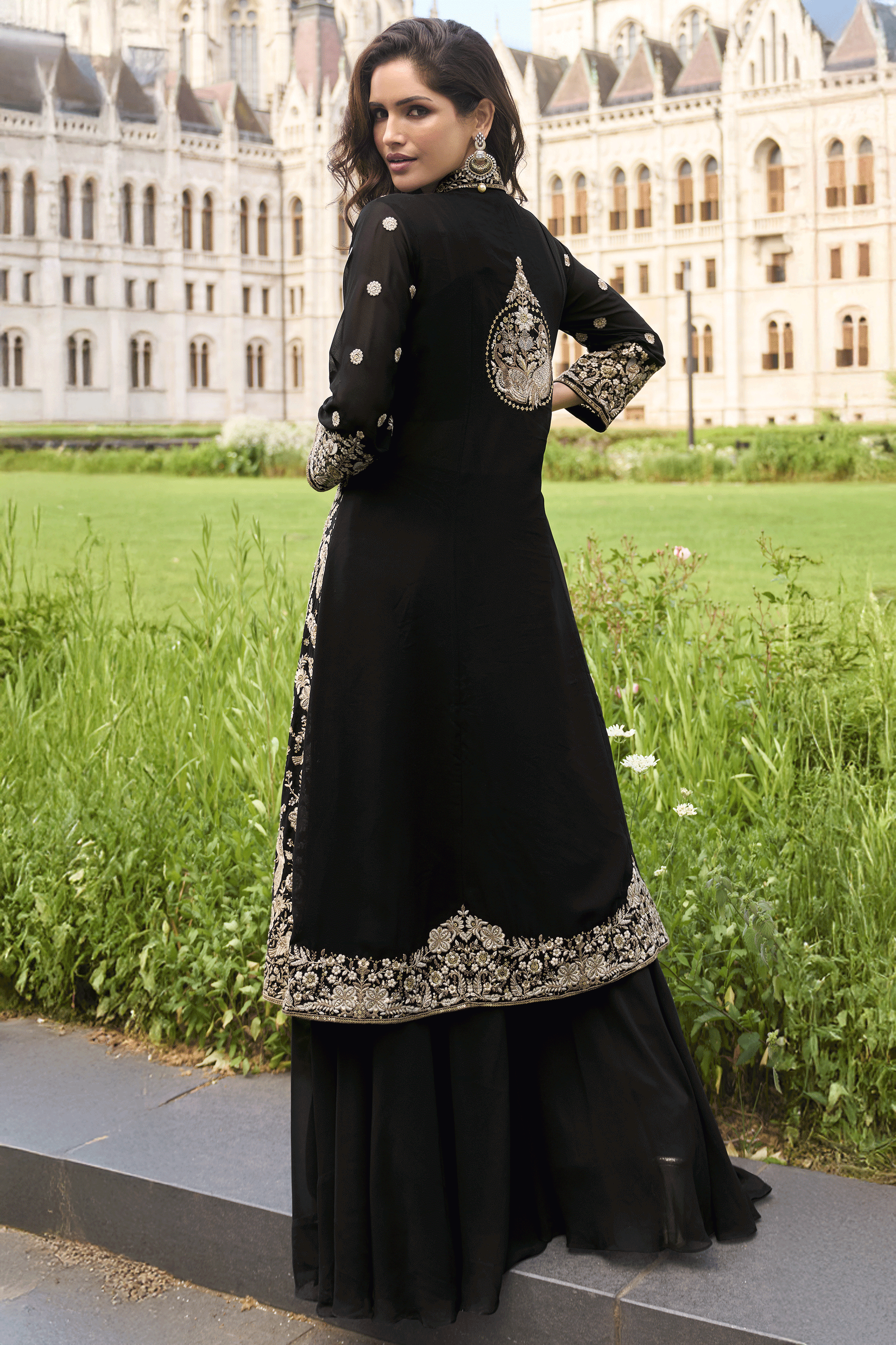 Black Readymade Georgette Palazzo Set with Jacket-SS899_3_SareeButa.com