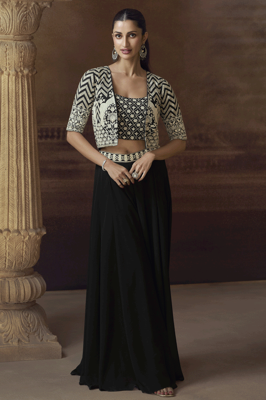 Black Readymade Embroidered Palazzo Set with Jacket-SS746_1_SareeButa.com