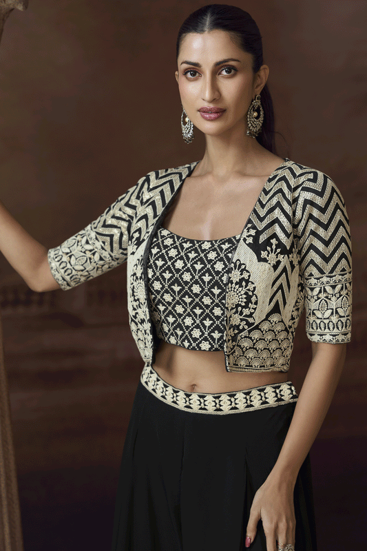 Black Readymade Embroidered Palazzo Set with Jacket-SS746_2_SareeButa.com