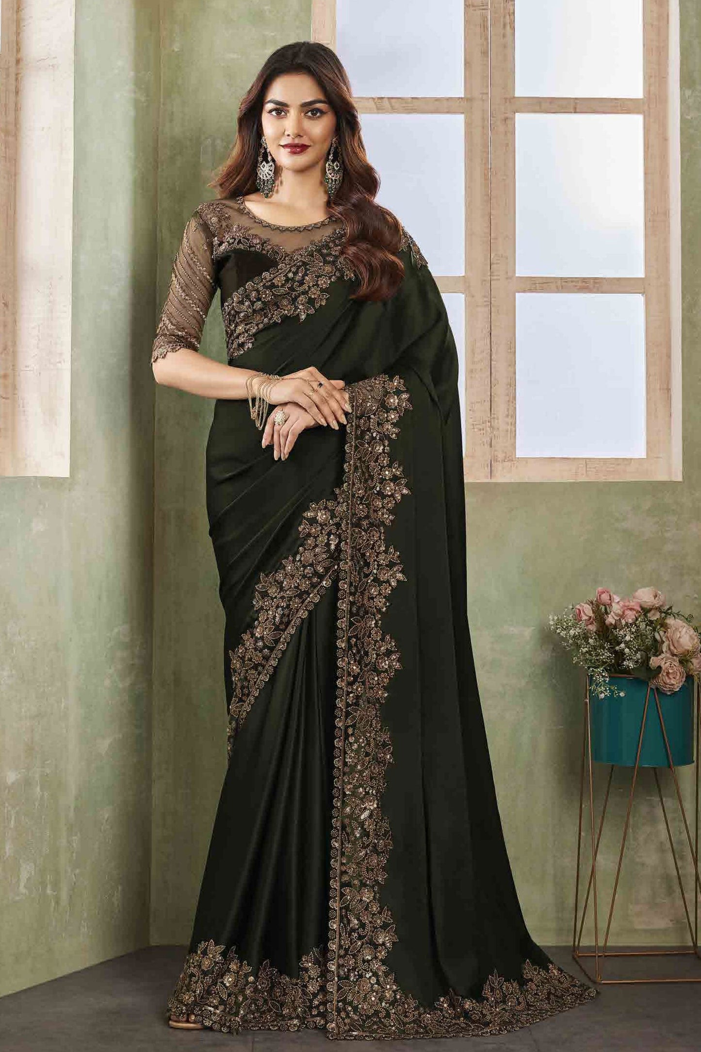 Olive Green Satin Chiffon Saree-ZB131023_1