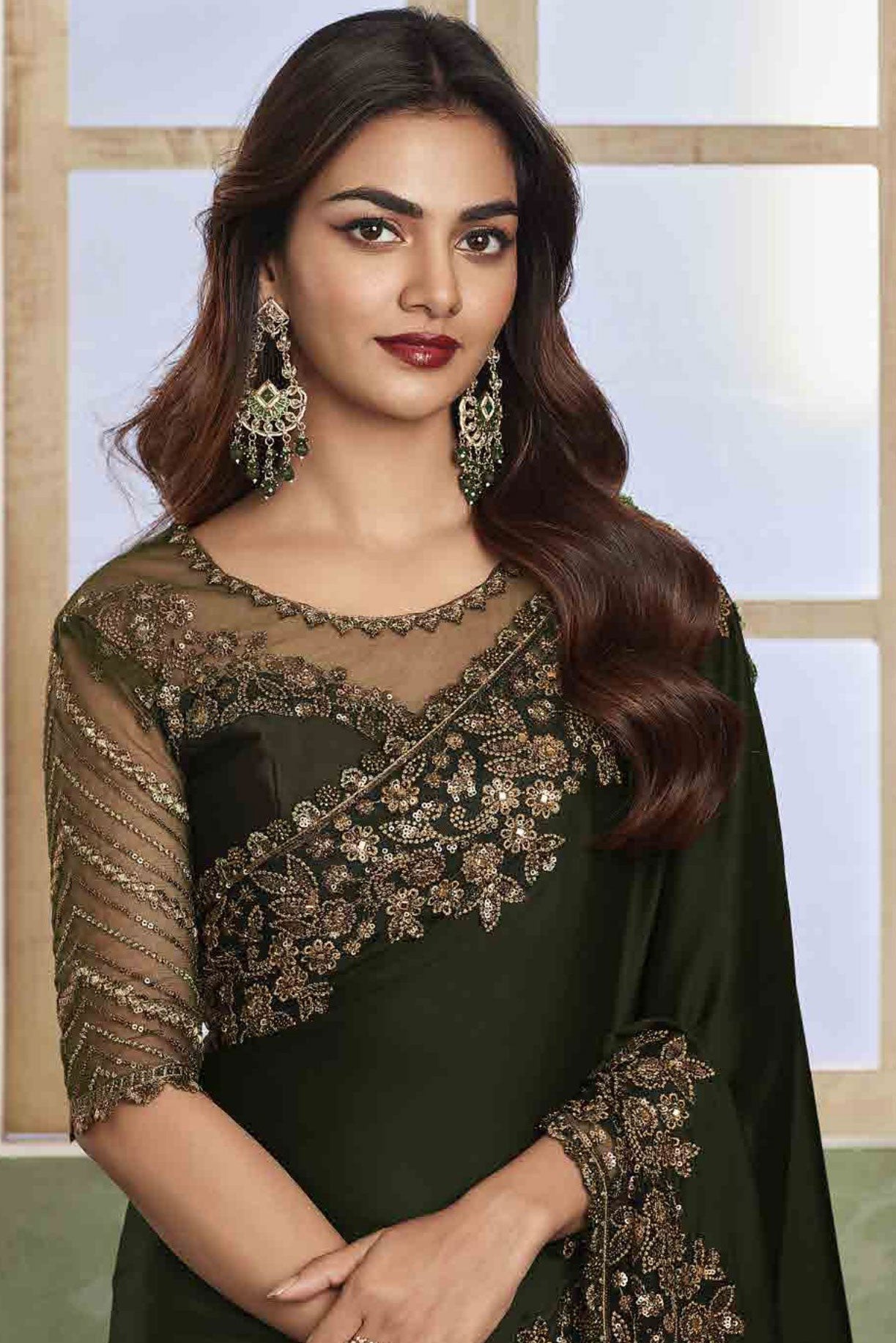 Olive Green Satin Chiffon Saree-ZB131023_2