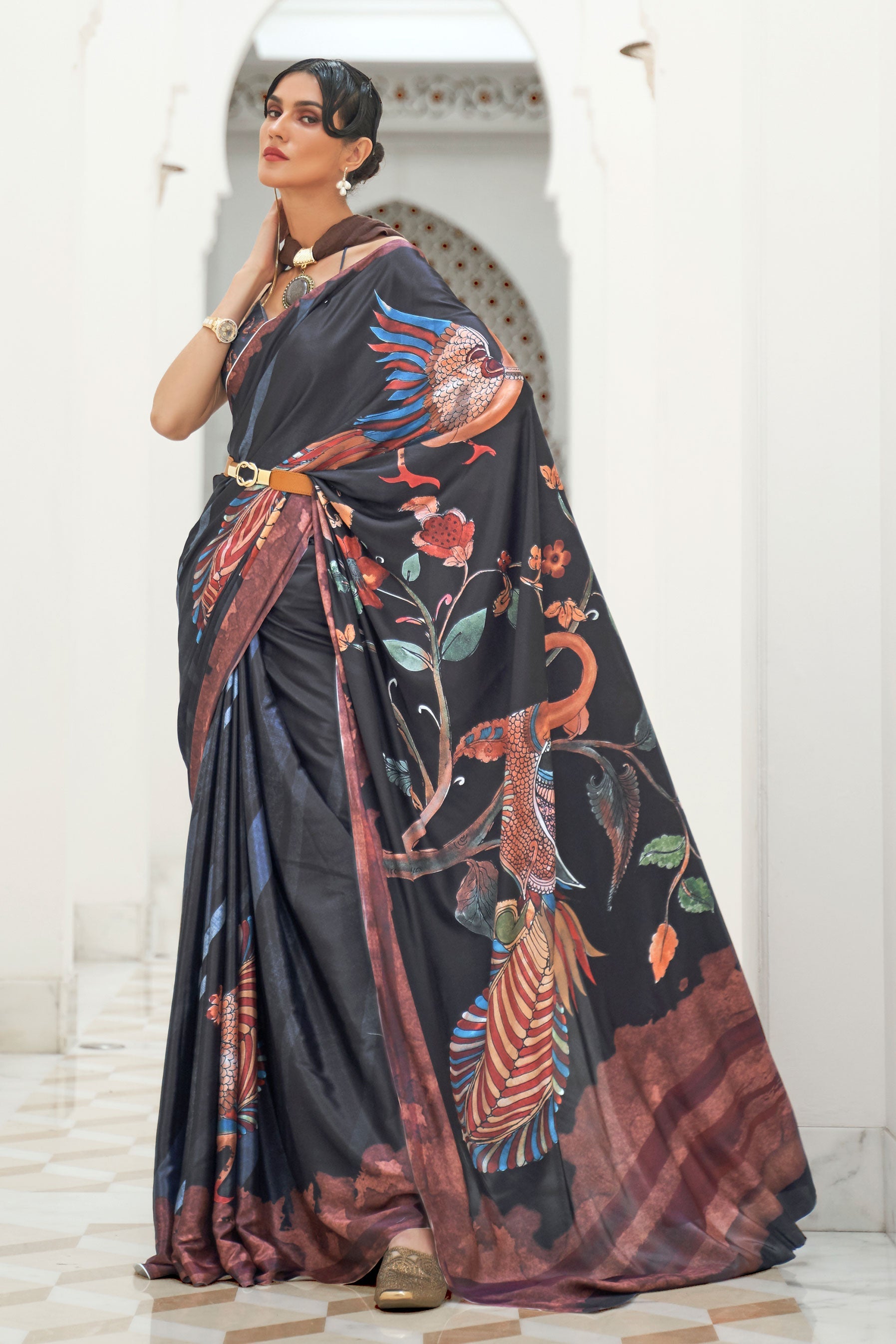 Black Satin Crepe Saree-ZB140125_1