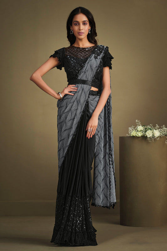 Black Sequined Crepe Readymade Saree-ZB133909_1_SareeButa.com