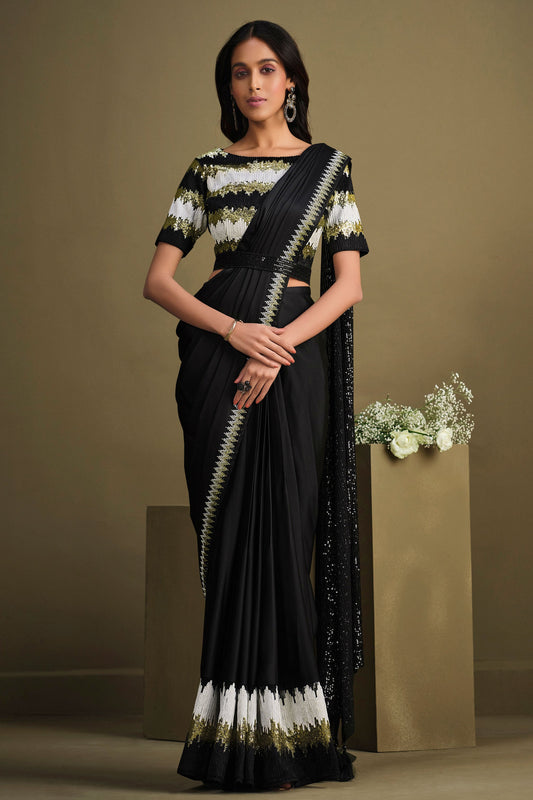 Black Sequined Crepe Silk Readymade Saree-ZB133902_1_SareeButa.com