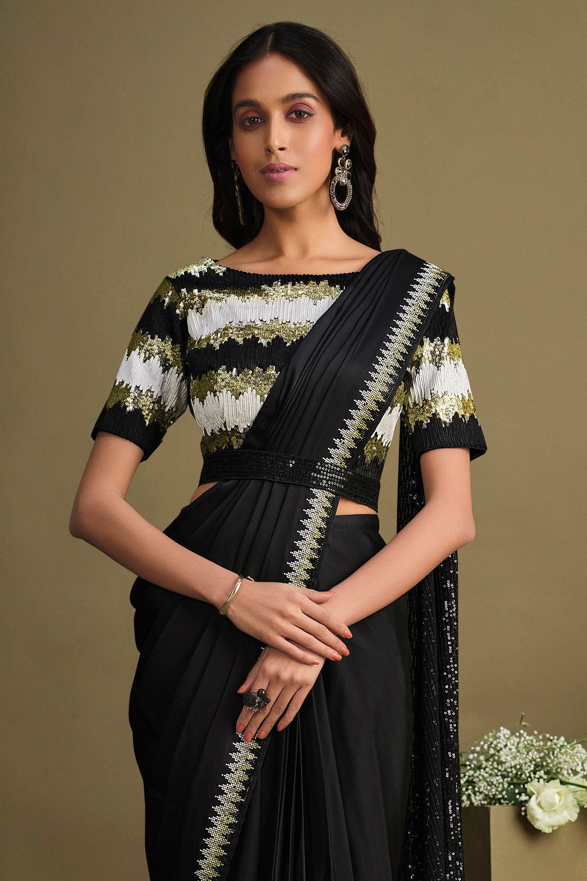 Black Sequined Crepe Silk Readymade Saree-ZB133902_3_SareeButa.com