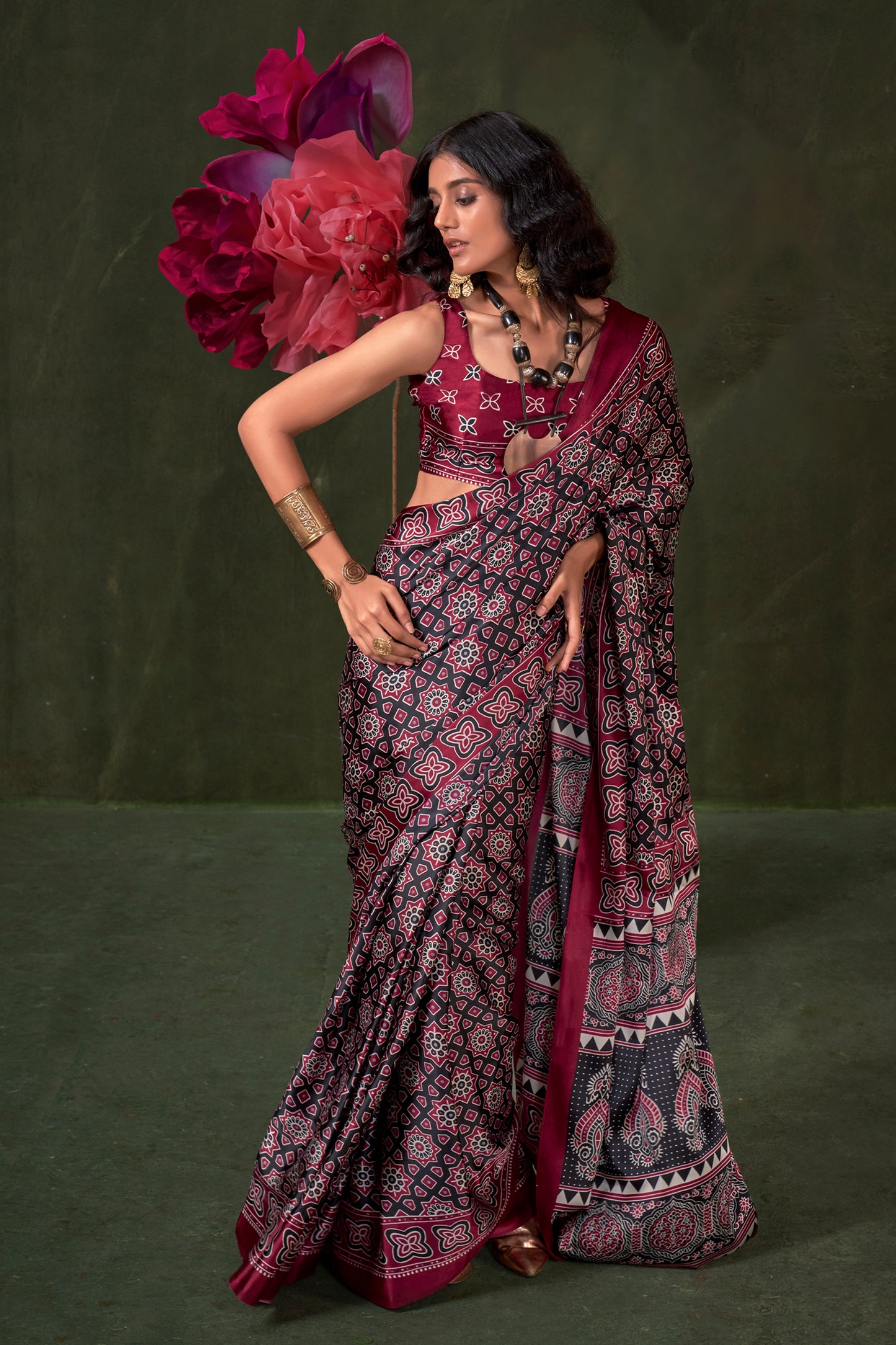 Black Ajarakh Print Satin Crepe Saree-SAR12409_1_SareeButa.com