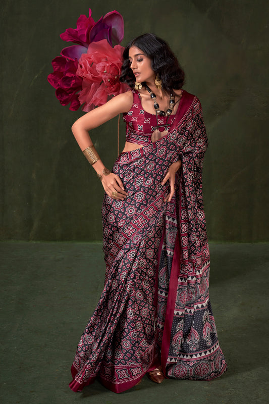 Black Ajarakh Print Satin Crepe Saree-SAR12409_1_SareeButa.com