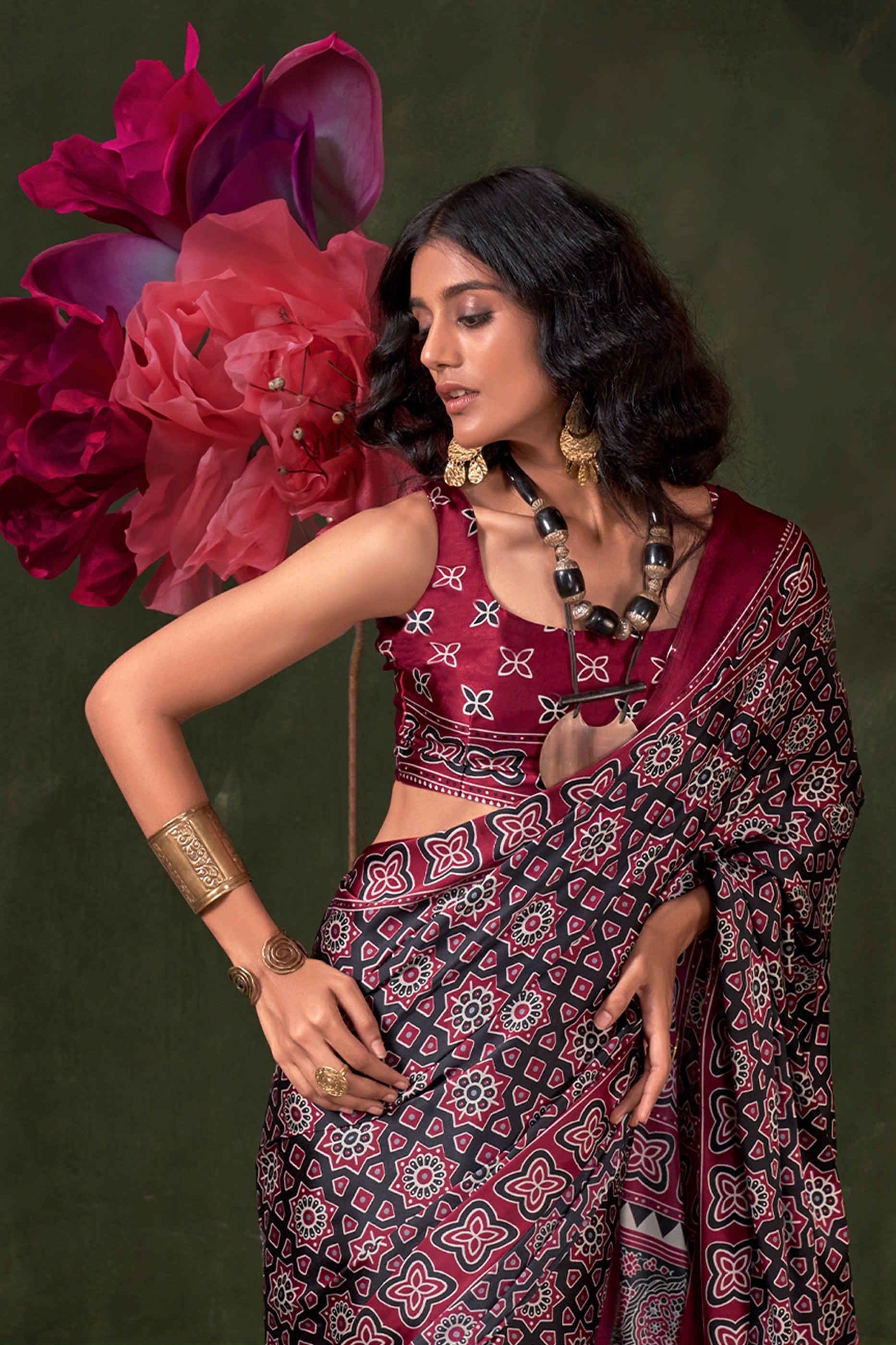 Black Ajarakh Print Satin Crepe Saree-SAR12409_3_SareeButa.com