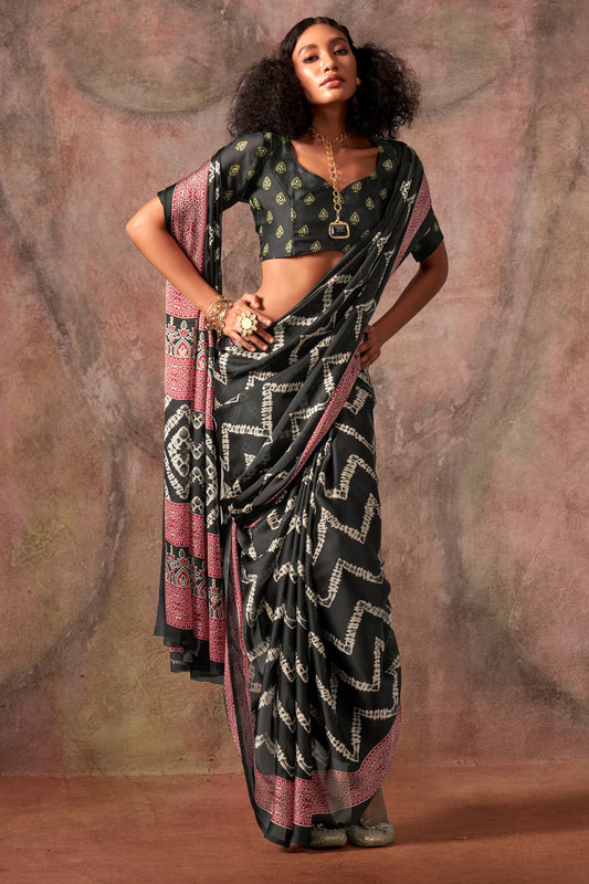 Black Ajarakh Print Satin Georgette Saree-SAR12425_1_SareeButa.com