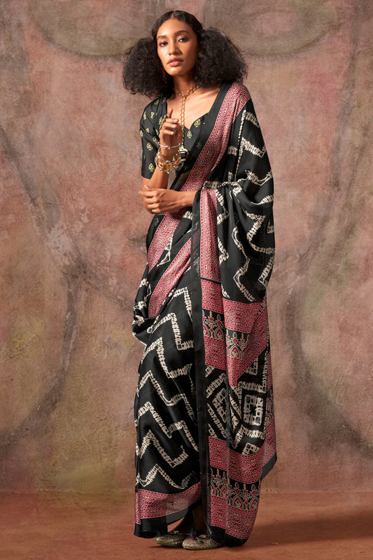 Black Ajarakh Print Satin Georgette Saree-SAR12425_2_SareeButa.com