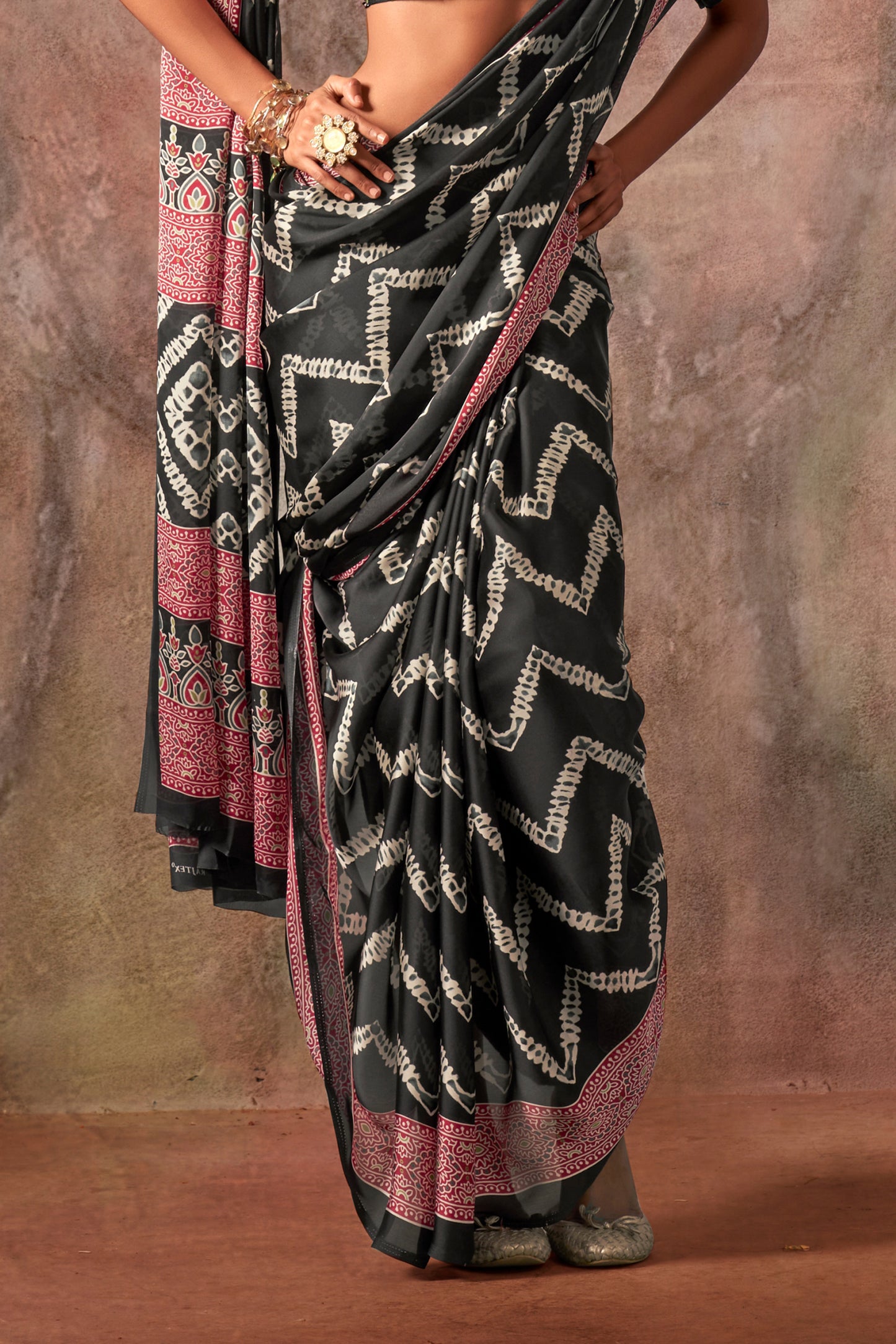 Black Ajarakh Print Satin Georgette Saree-SAR12425_4_SareeButa.com
