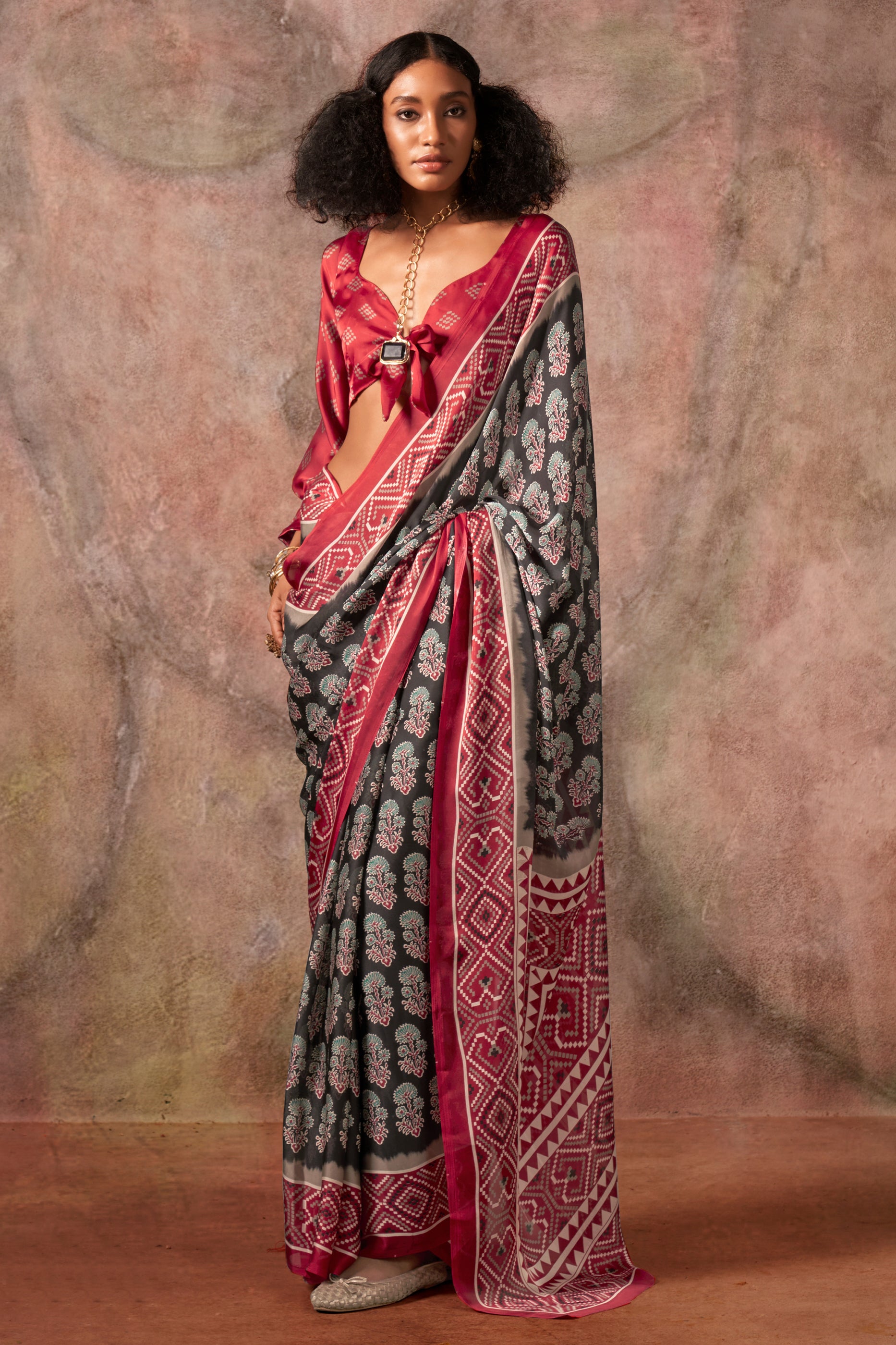Black Ajarakh Print Satin Georgette Saree-SAR12429_1_SareeButa.com
