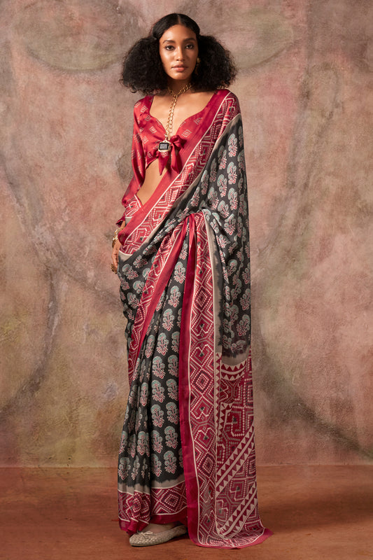 Black Ajarakh Print Satin Georgette Saree-SAR12429_1_SareeButa.com