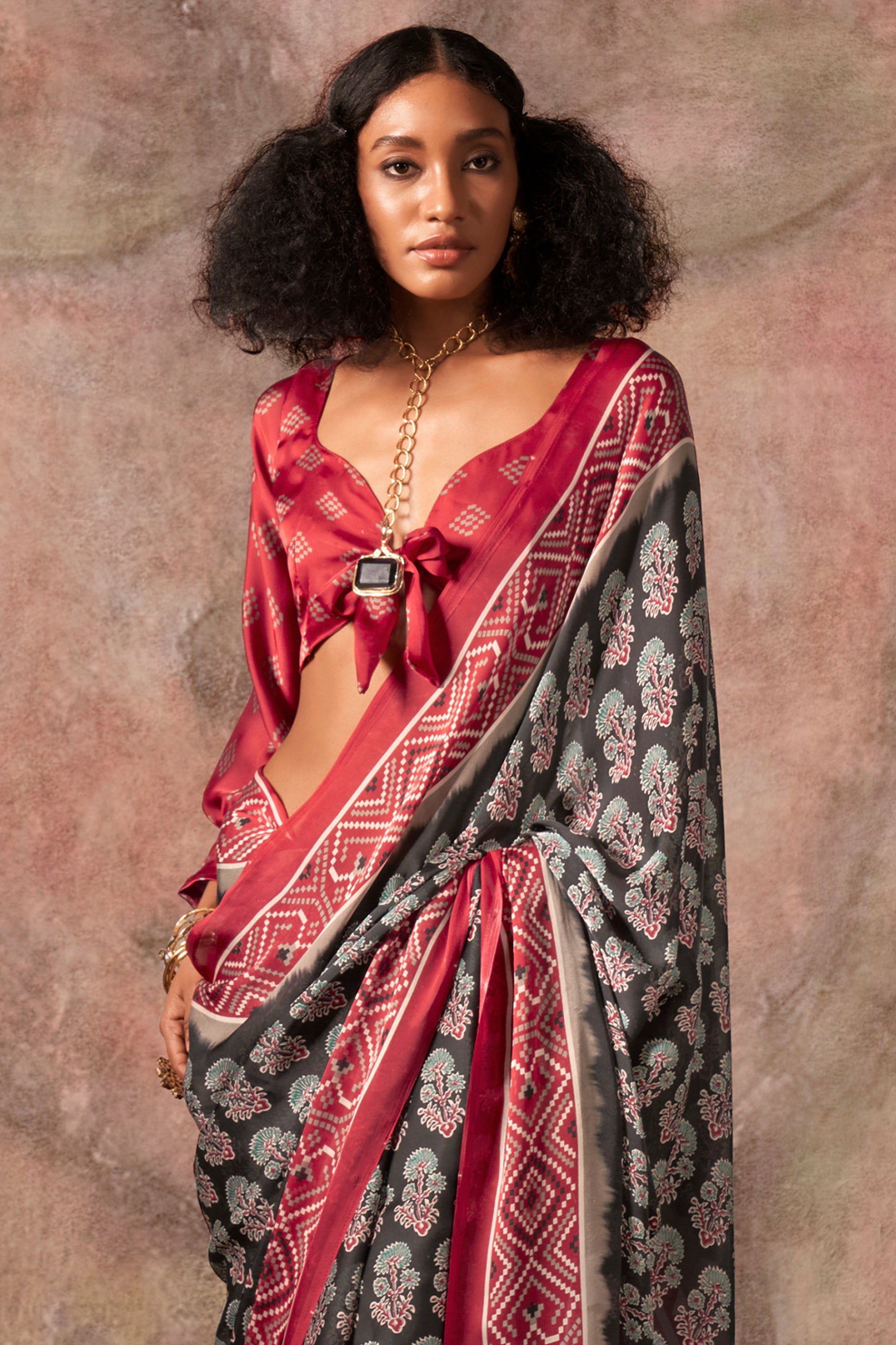 Black Ajarakh Print Satin Georgette Saree-SAR12429_3_SareeButa.com