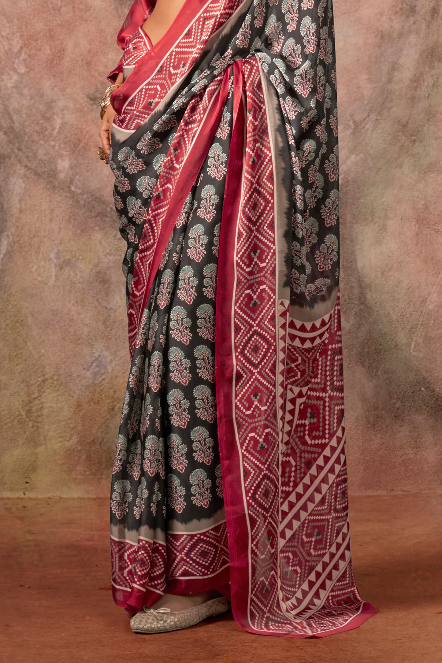 Black Ajarakh Print Satin Georgette Saree-SAR12429_4_SareeButa.com