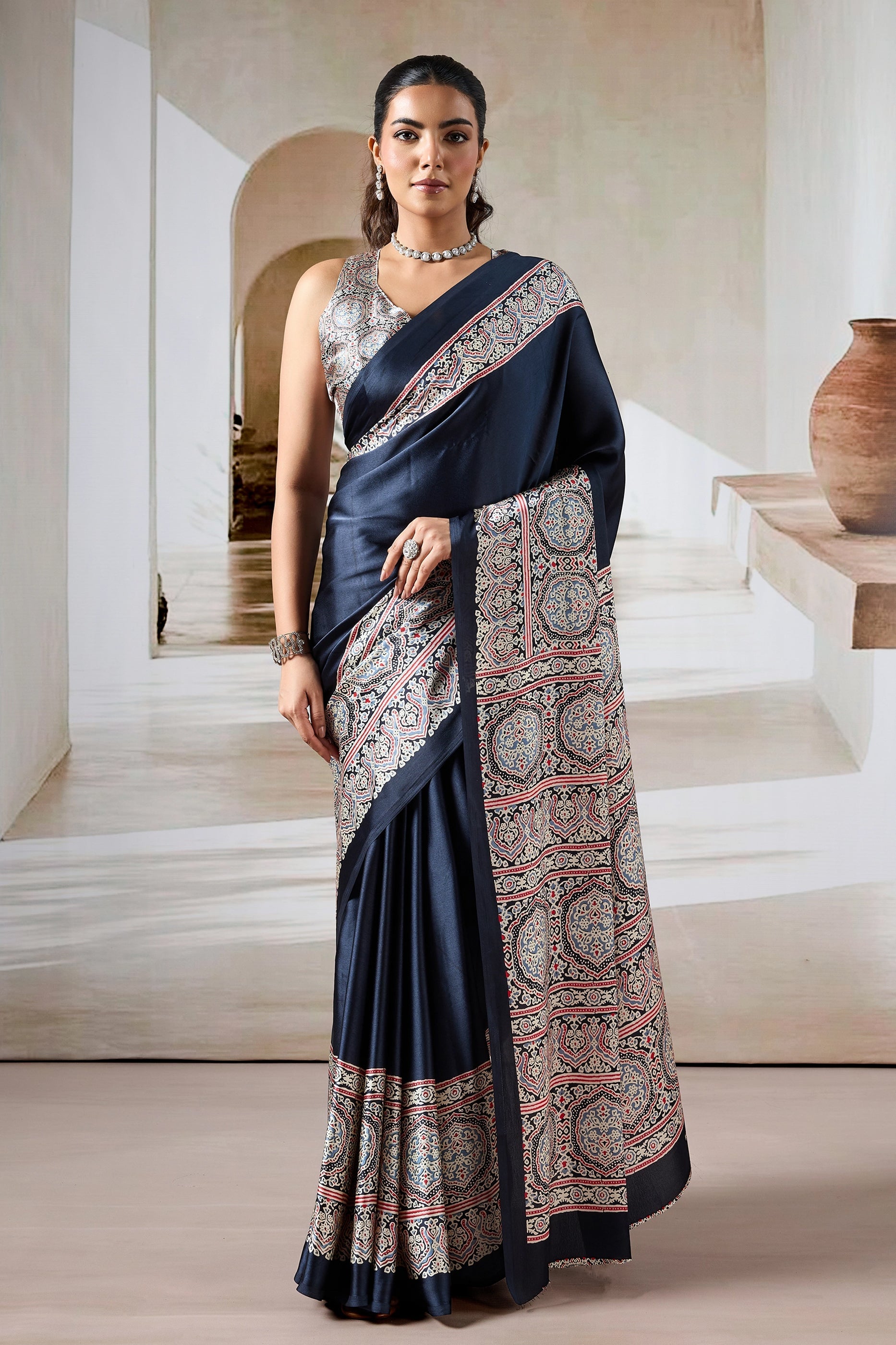 Black Ajrakh Print Satin Saree-SAR11479_1_SareeButa.com