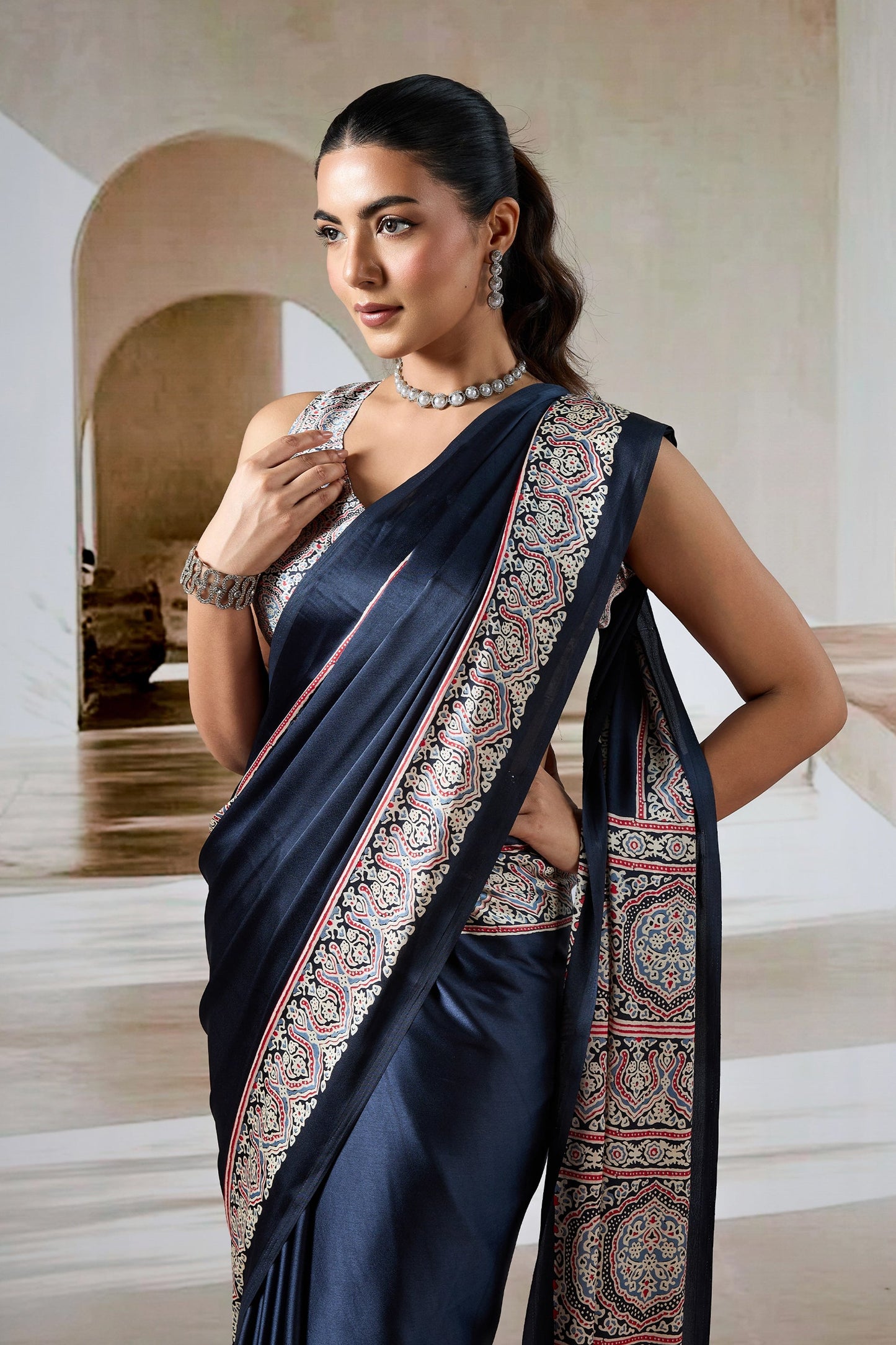 Black Ajrakh Print Satin Saree-SAR11479_2_SareeButa.com