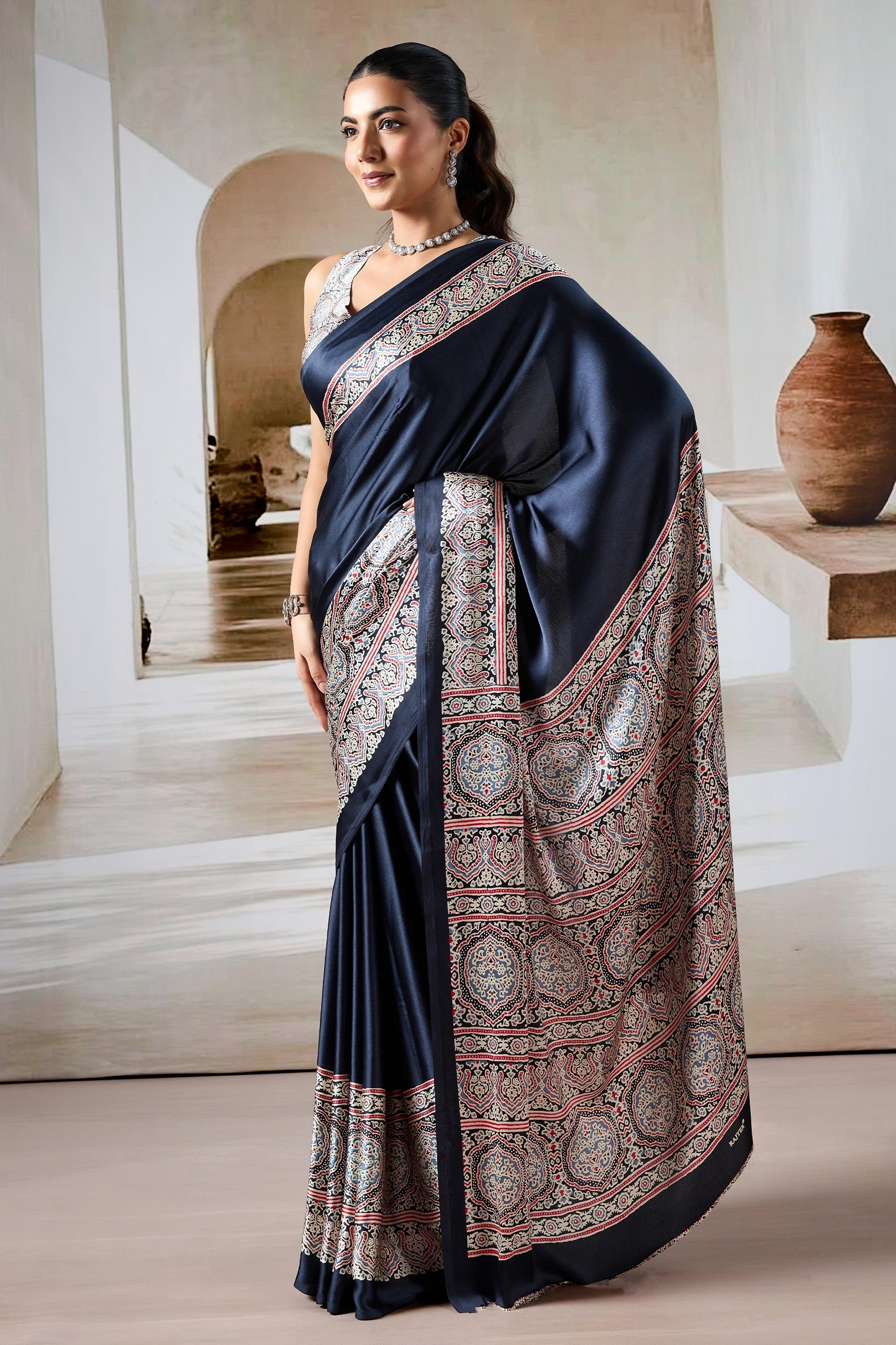 Black Ajrakh Print Satin Saree-SAR11479_3_SareeButa.com