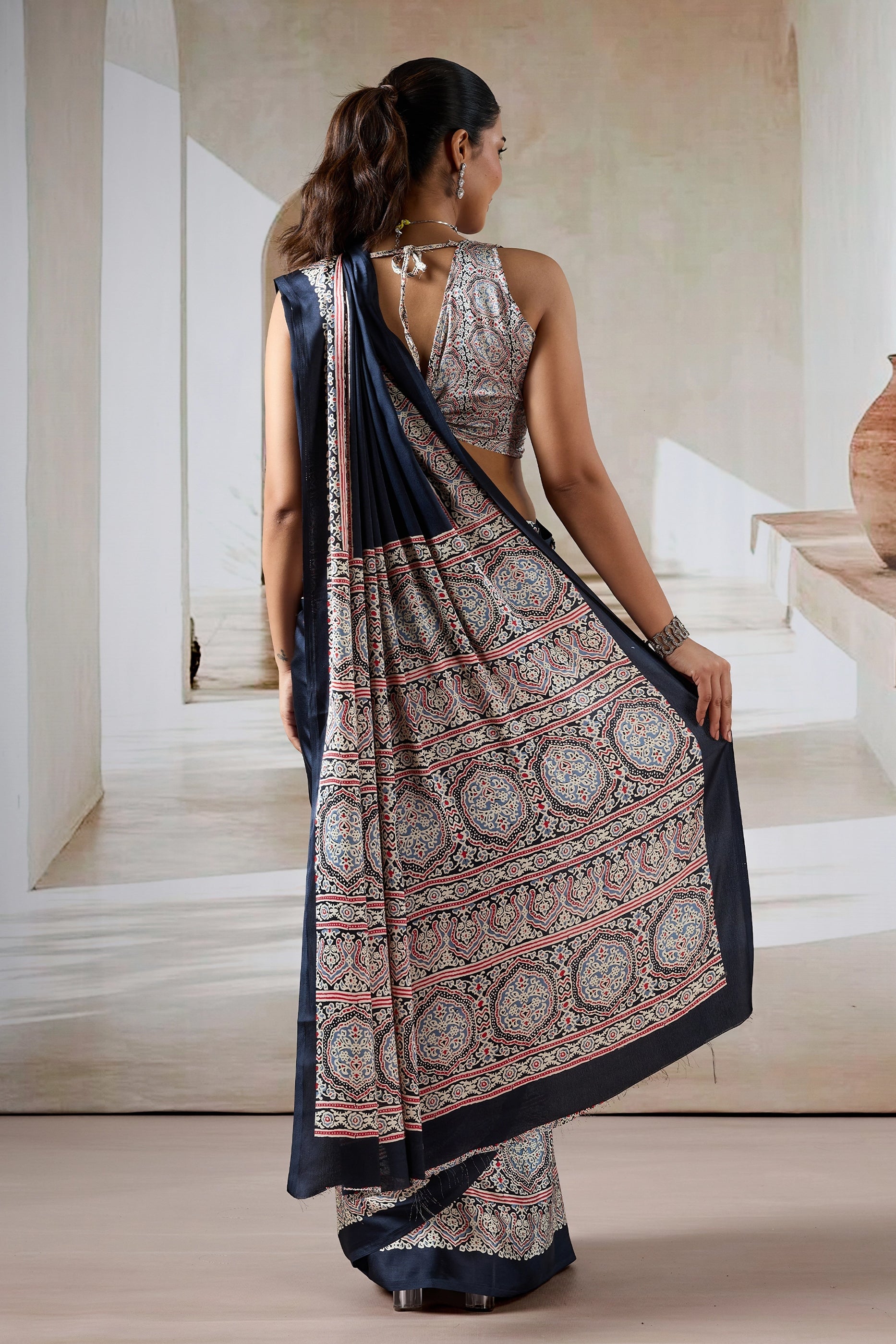 Black Ajrakh Print Satin Saree-SAR11479_4_SareeButa.com