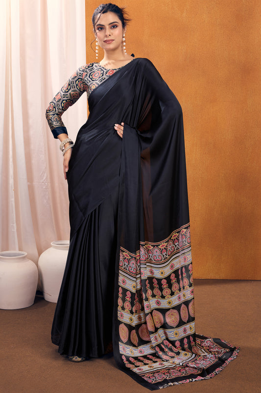 Black Ajrakh Print Satin Saree-SAR11819_1_SareeButa.com