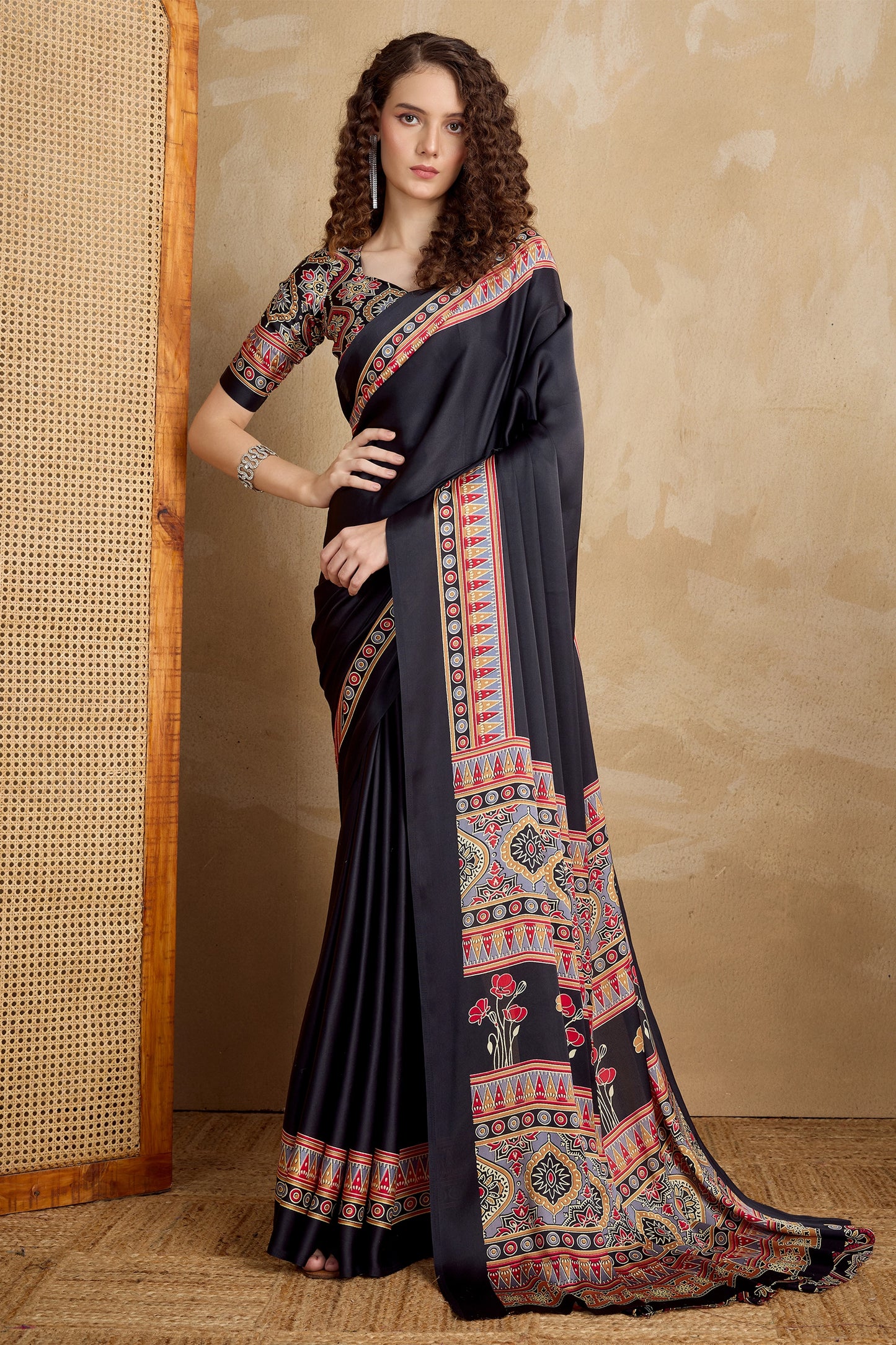 Black Ajrakh Print Satin Saree-SAR11820_1_SareeButa.com