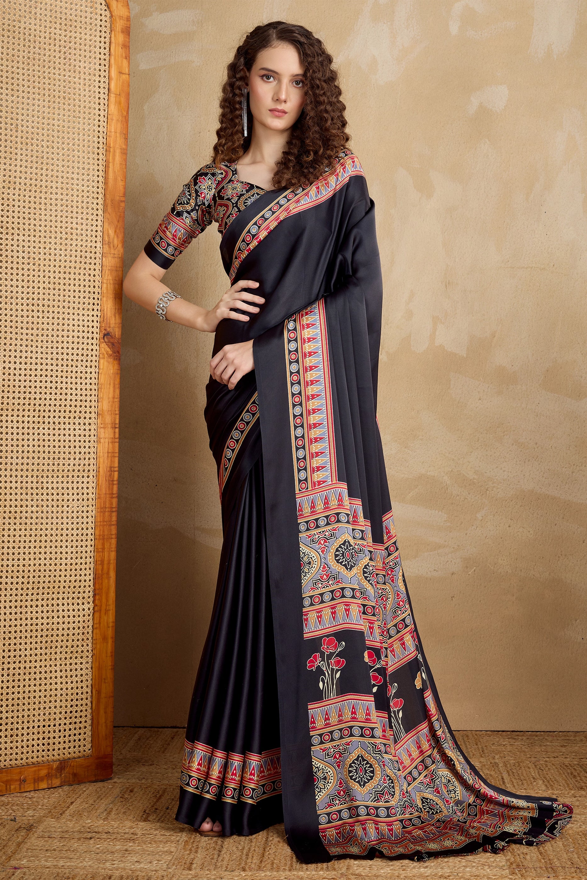 Black Ajrakh Print Satin Saree-SAR11820_1_SareeButa.com