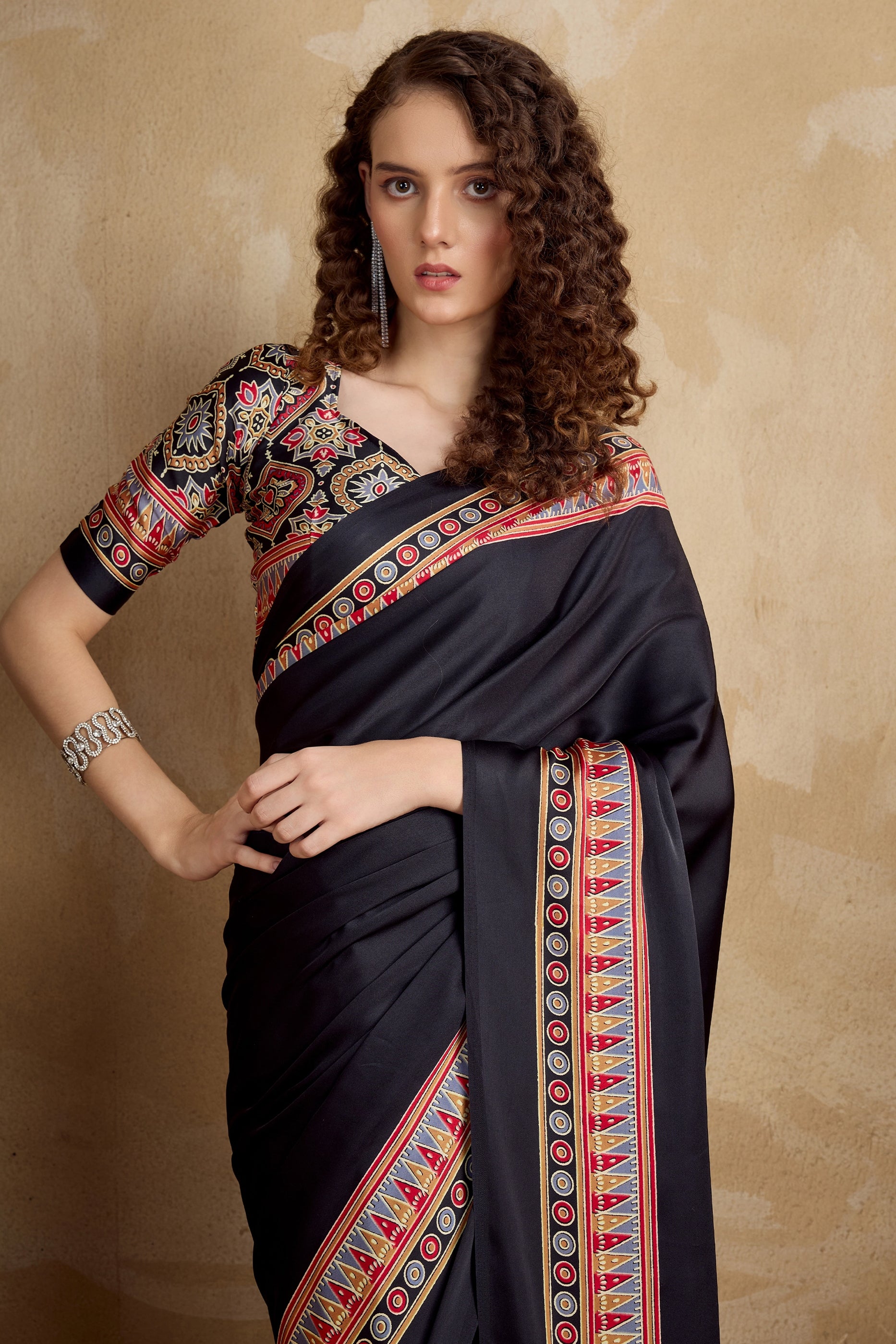 Black Ajrakh Print Satin Saree-SAR11820_2_SareeButa.com