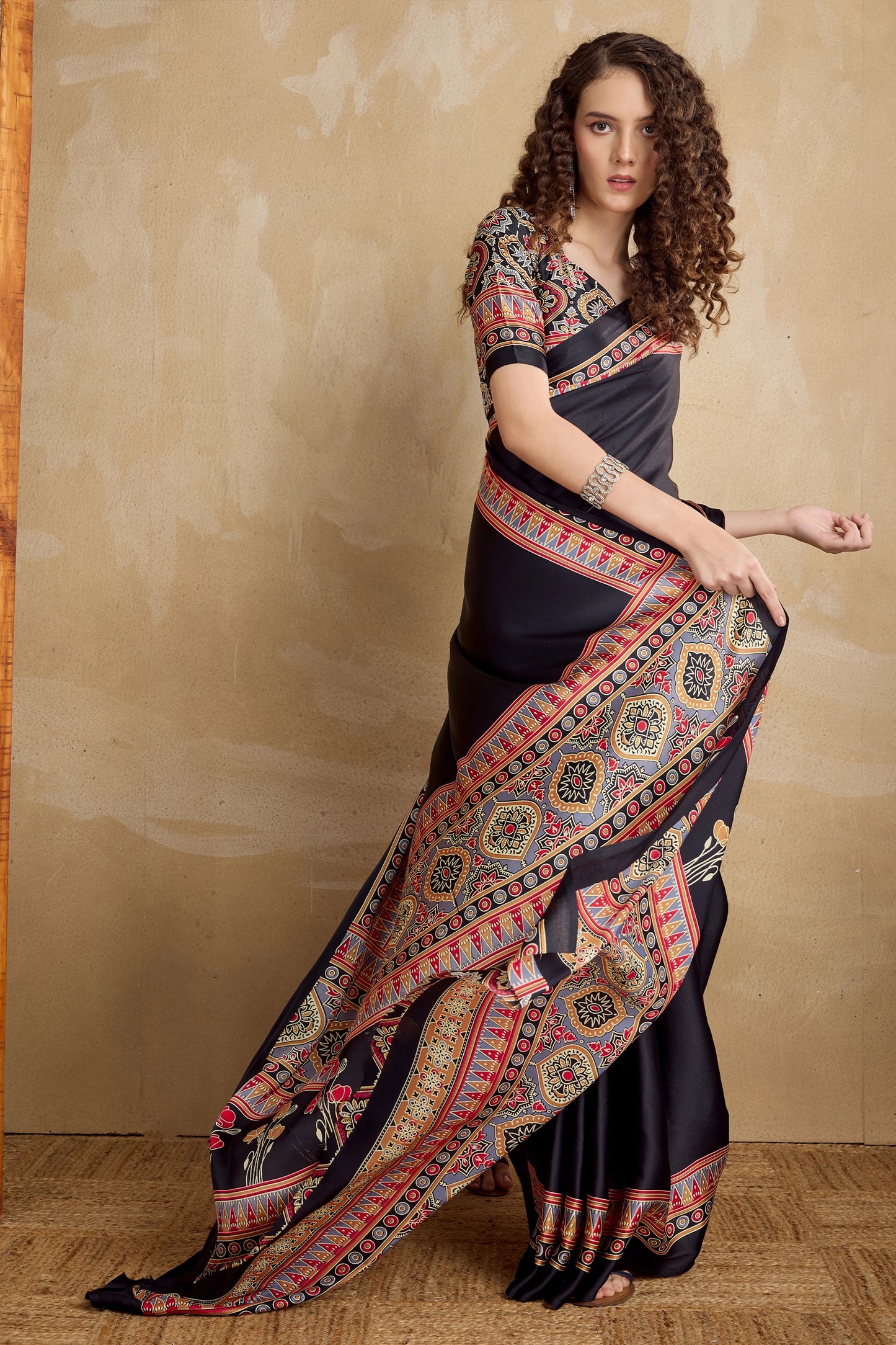 Black Ajrakh Print Satin Saree-SAR11820_3_SareeButa.com
