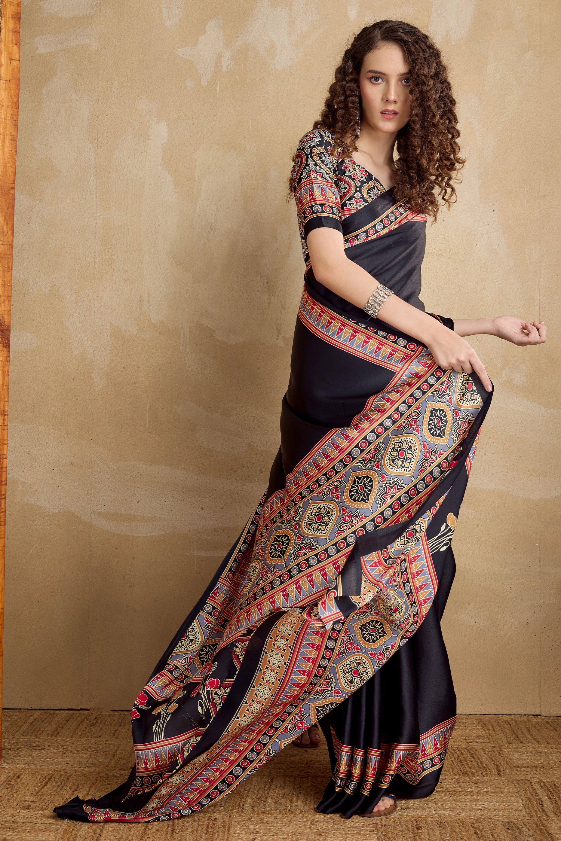 Black Ajrakh Print Satin Saree-SAR11820_3_SareeButa.com