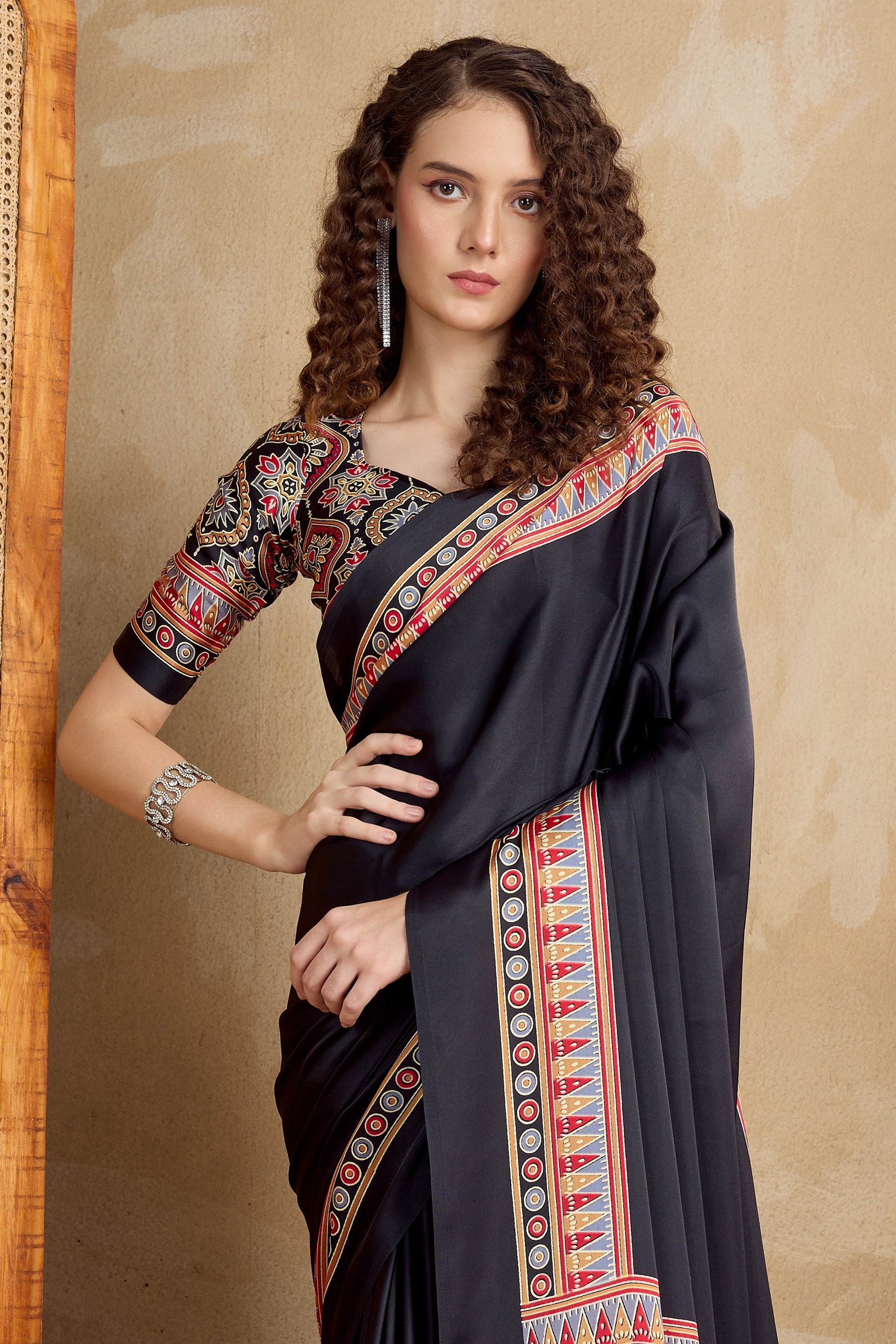 Black Ajrakh Print Satin Saree-SAR11820_4_SareeButa.com