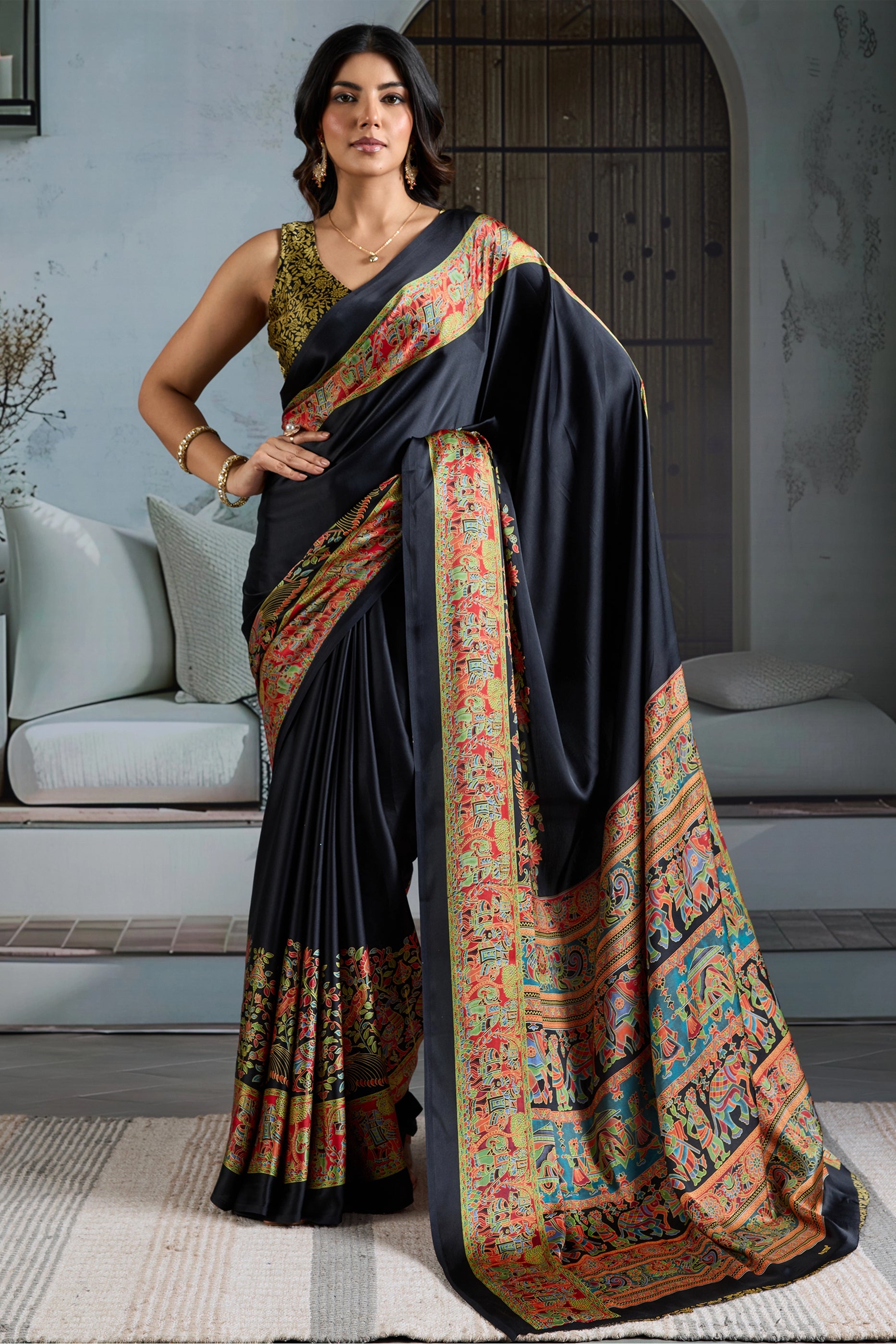 Black Ajrakh Print Satin Saree-SAR11830_1_SareeButa.com