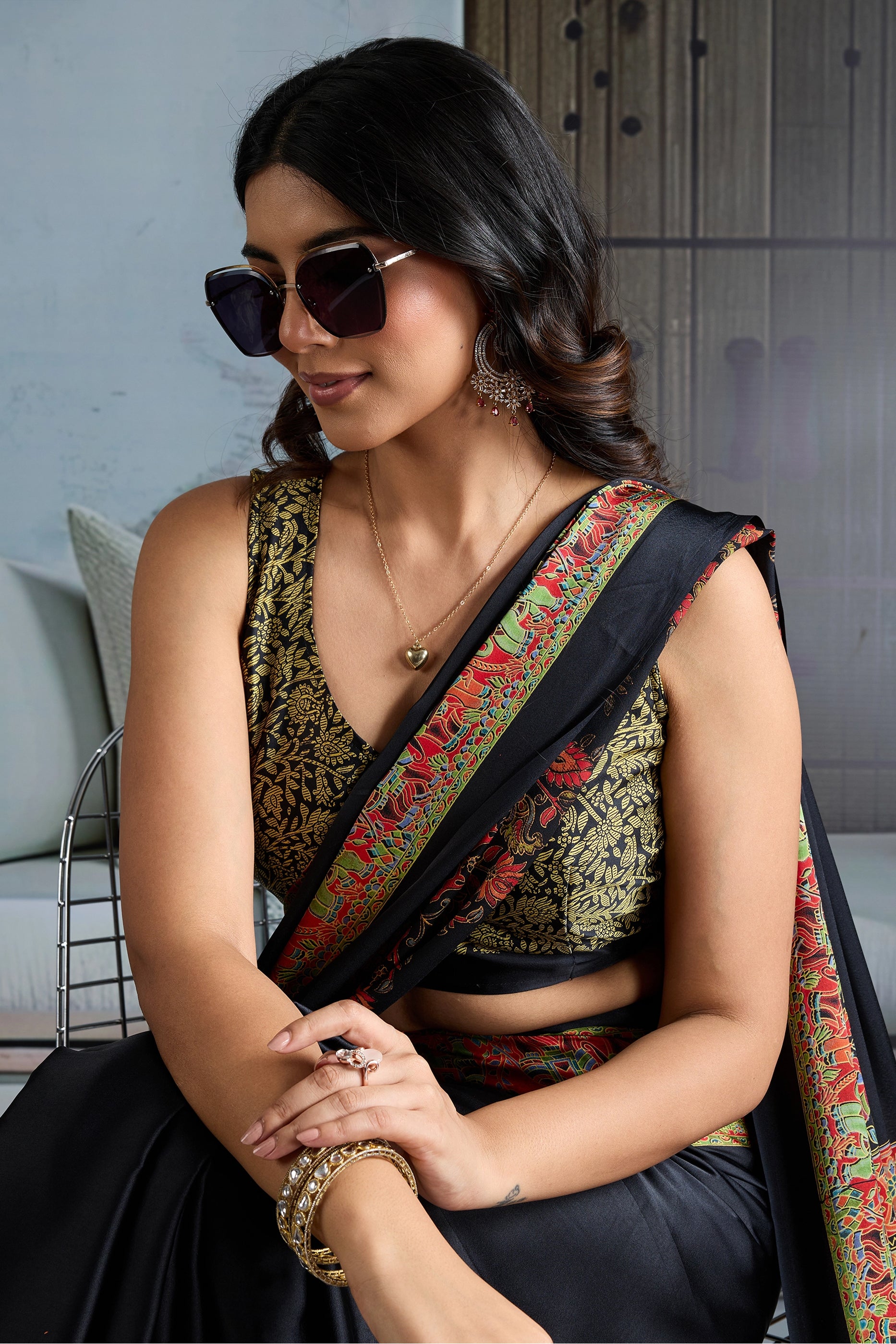 Black Ajrakh Print Satin Saree-SAR11830_2_SareeButa.com