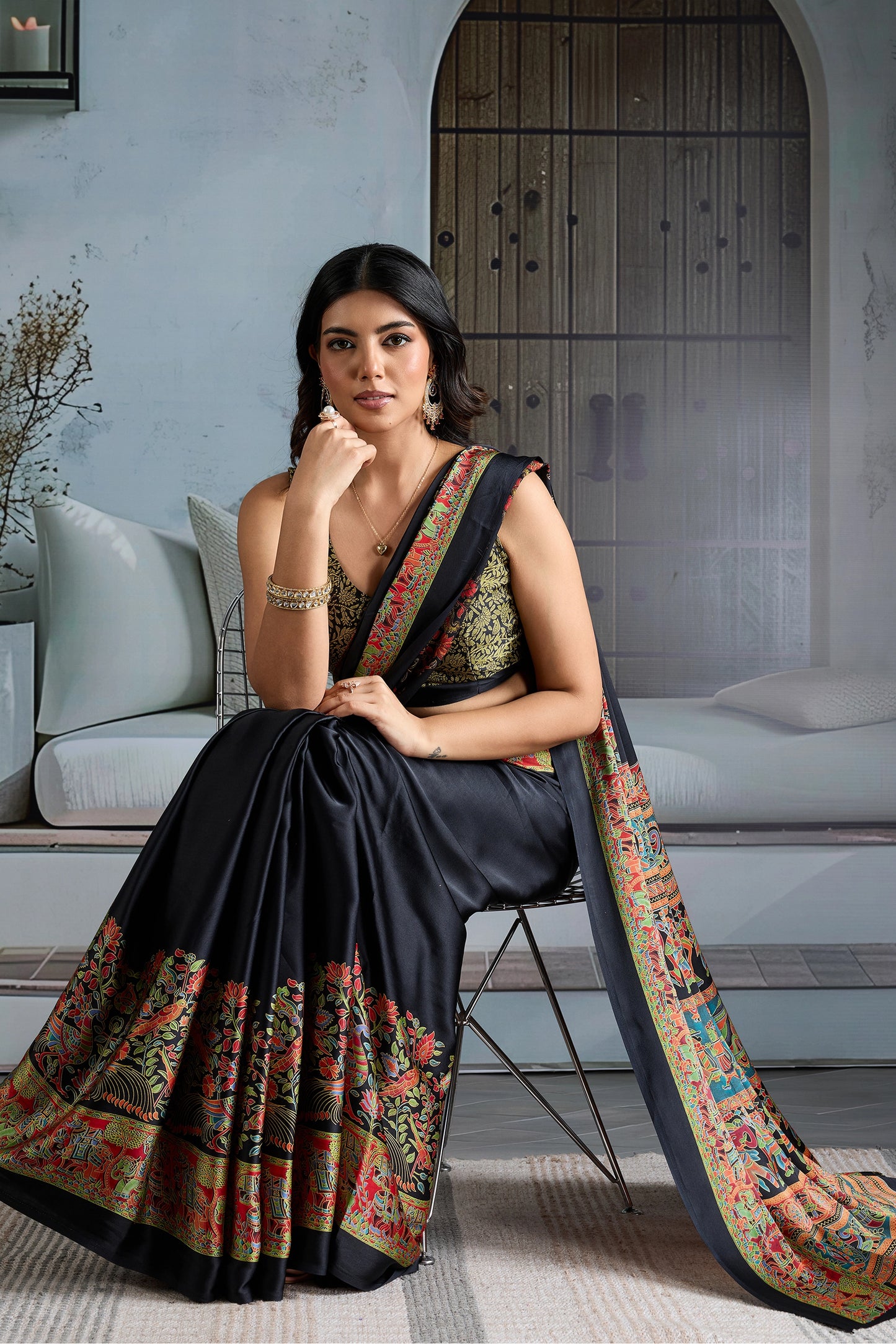 Black Ajrakh Print Satin Saree-SAR11830_3_SareeButa.com