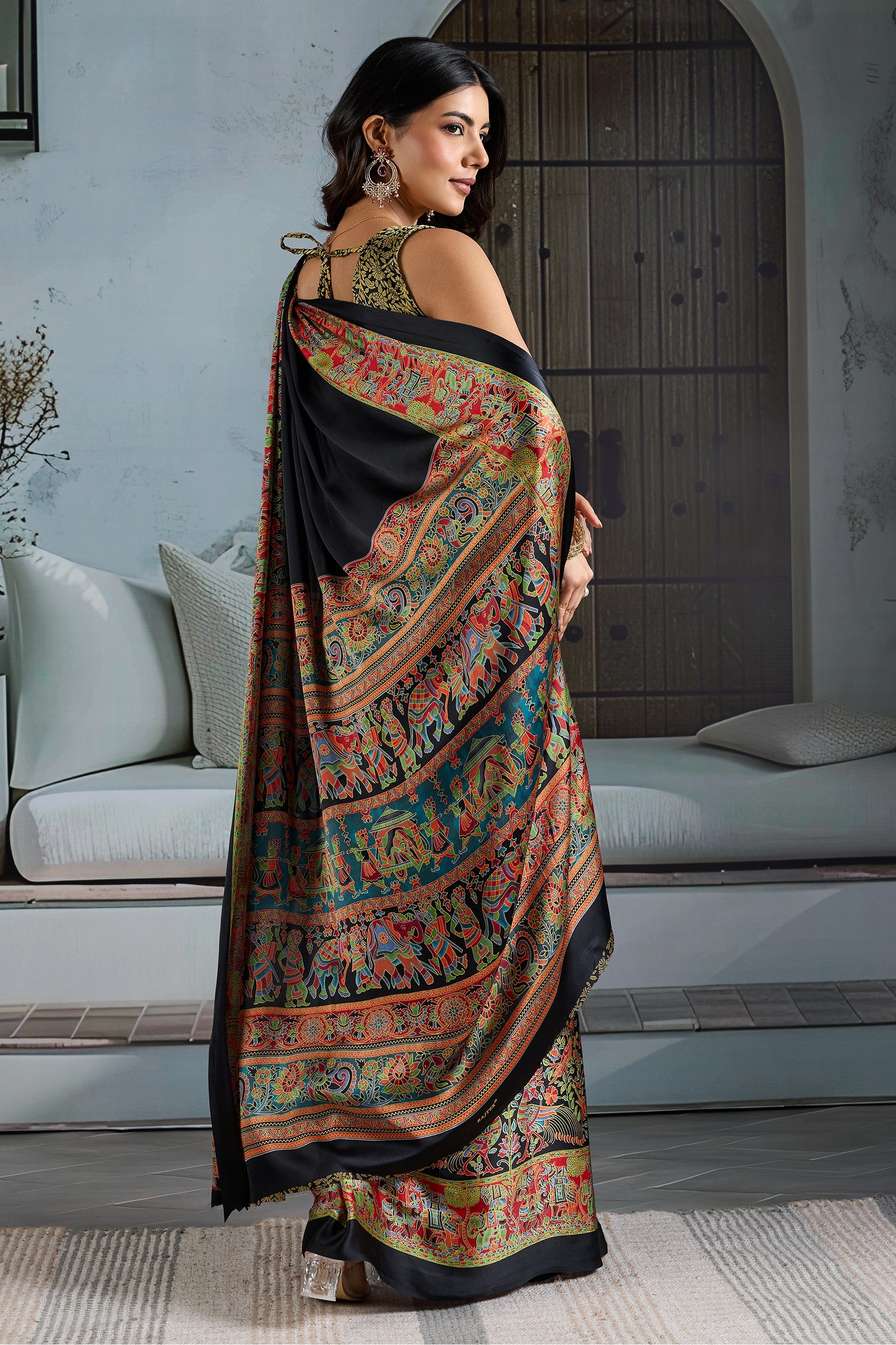 Black Ajrakh Print Satin Saree-SAR11830_4_SareeButa.com