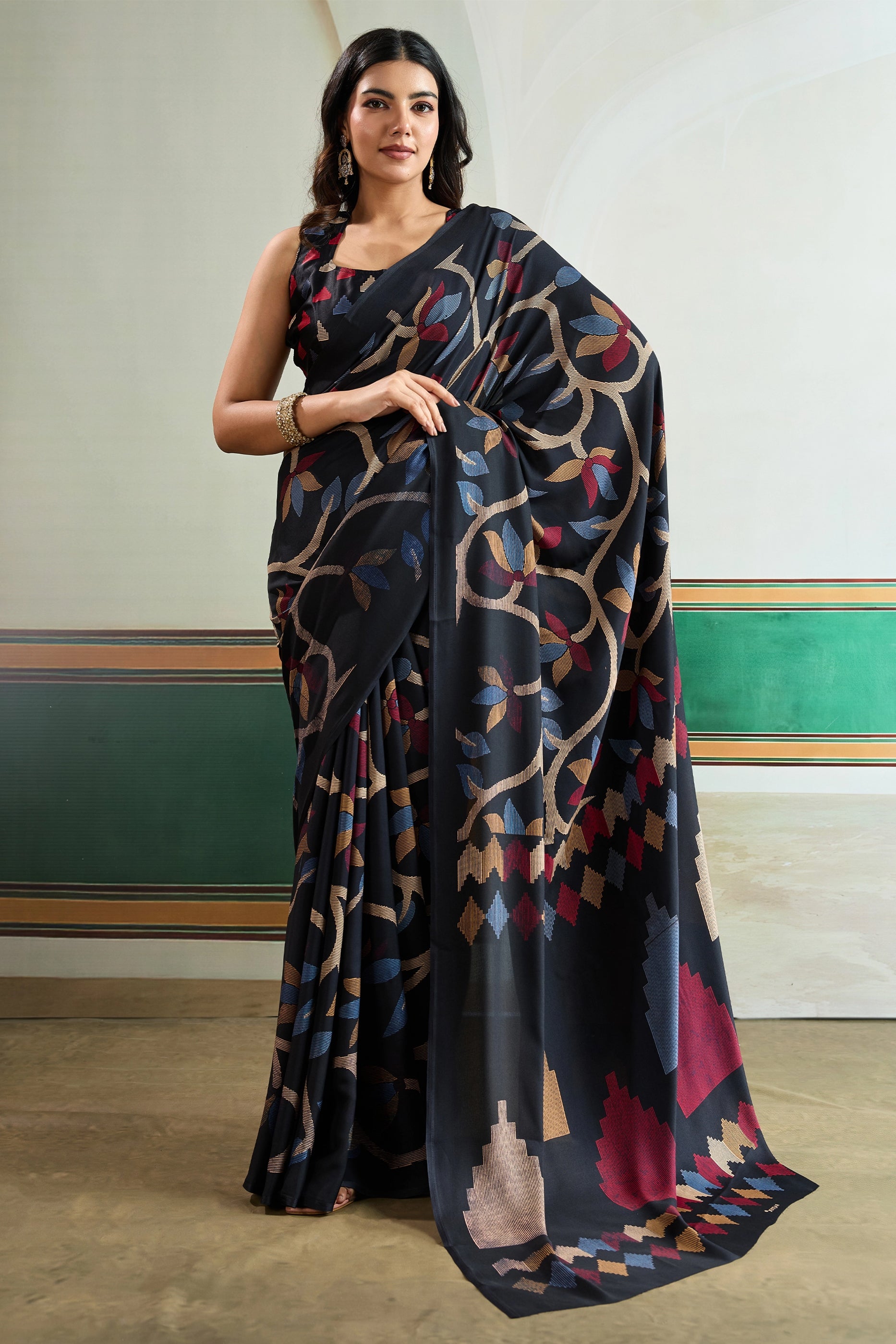 Black Ajrakh Print Satin Saree-SAR11832_1_SareeButa.com