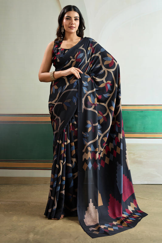 Black Ajrakh Print Satin Saree-SAR11832_1_SareeButa.com
