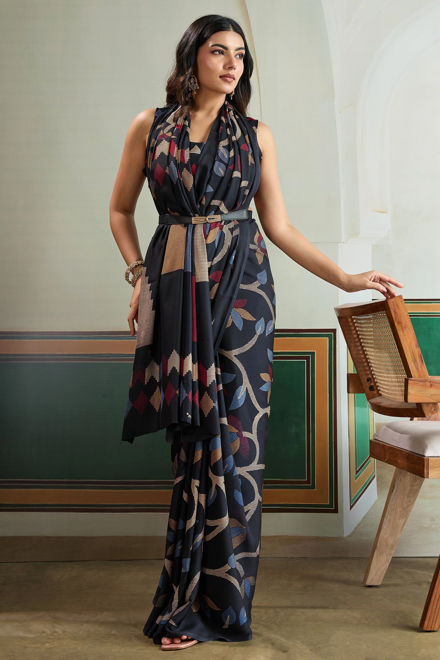 Black Ajrakh Print Satin Saree-SAR11832_3_SareeButa.com