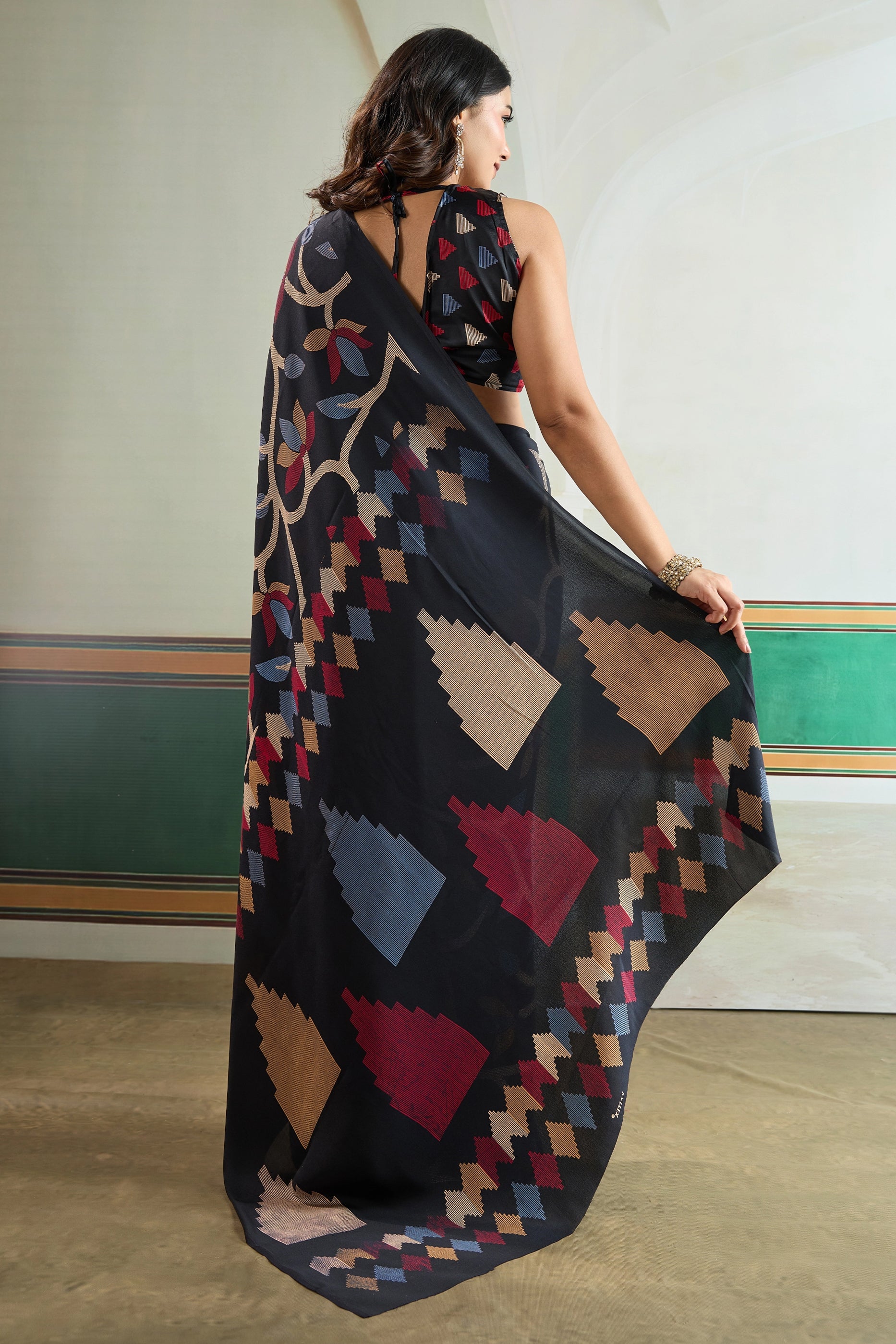 Black Ajrakh Print Satin Saree-SAR11832_5_SareeButa.com