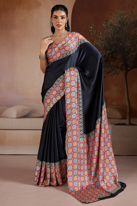 Black Ajrakh Print Satin Saree-SAR11839_1_SareeButa.com