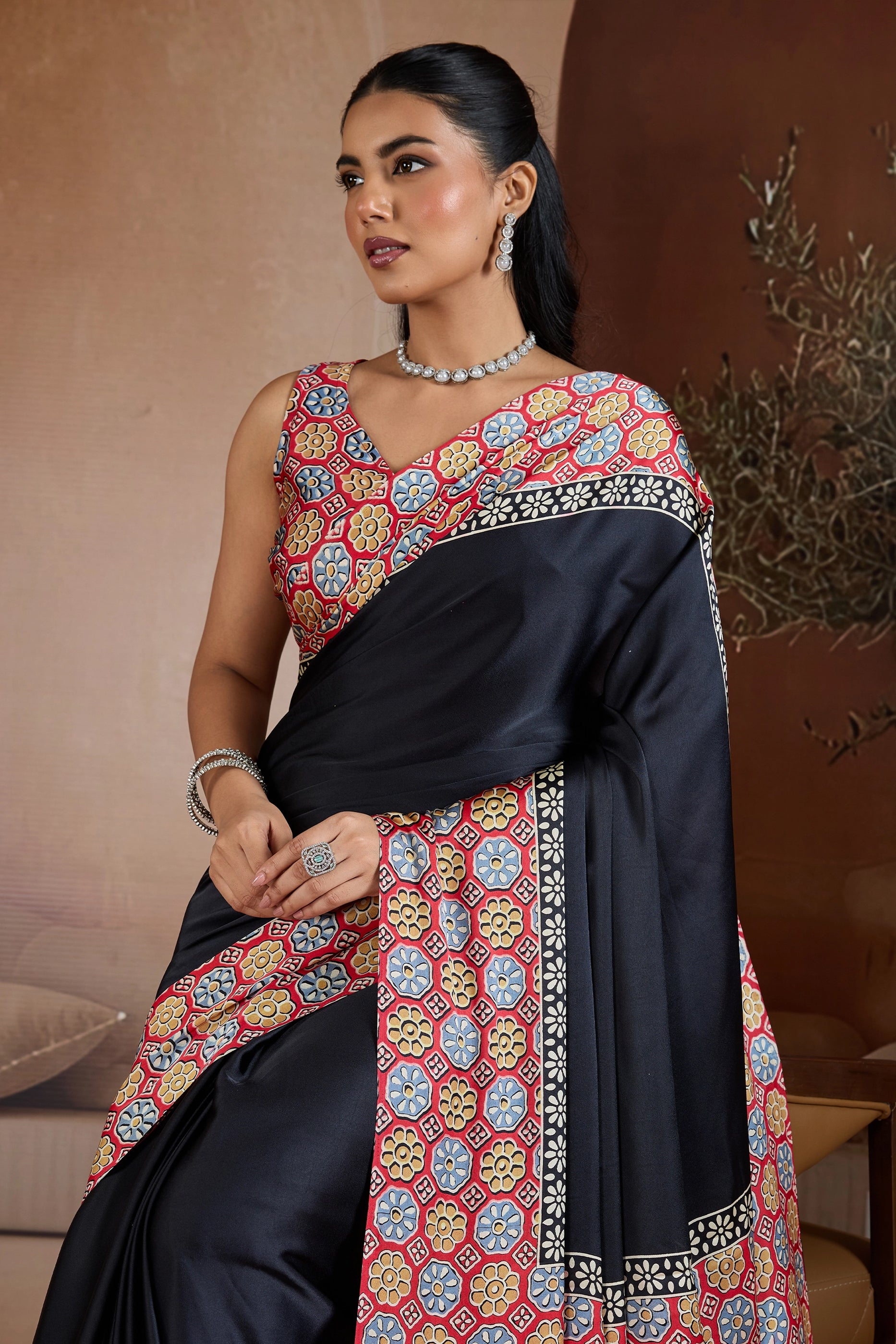 Black Ajrakh Print Satin Saree-SAR11839_2_SareeButa.com