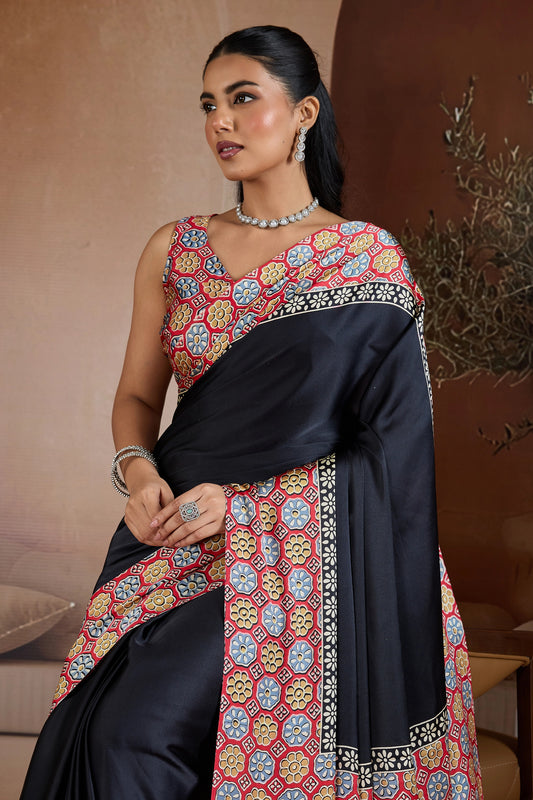 Black Ajrakh Print Satin Saree-SAR11839_2_SareeButa.com